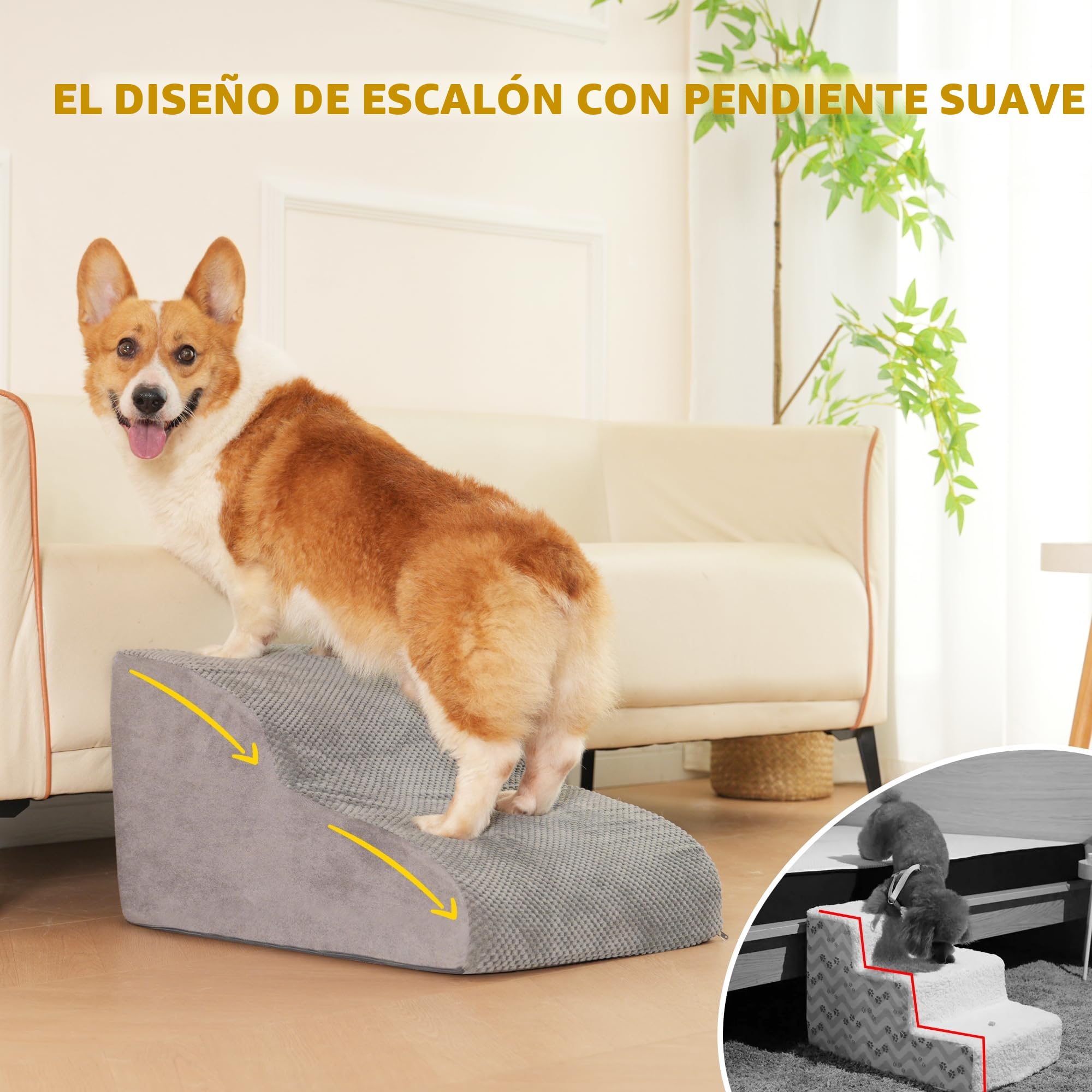 YunNasi Escalera de 2 Etapas para Perros y Gatos, Rampa para Mascotas Pequeñas, con Funda Lavable y Fondo Antideslizante, para Sofá o Cama (2 Pasos-Gris)