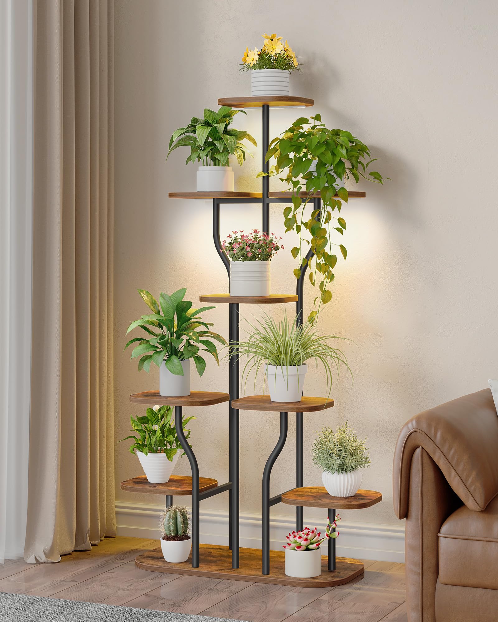 Hzuaneri Pflanzenständer mit Wachstumslicht - 9 Ebenen Blumenständer 124 cm Metall Holz Pflanzenregal, Geschwungene Pflanzentreppe für Innen, Wohnzimmer, Balkon, Vintage-Braun PS16401BEU