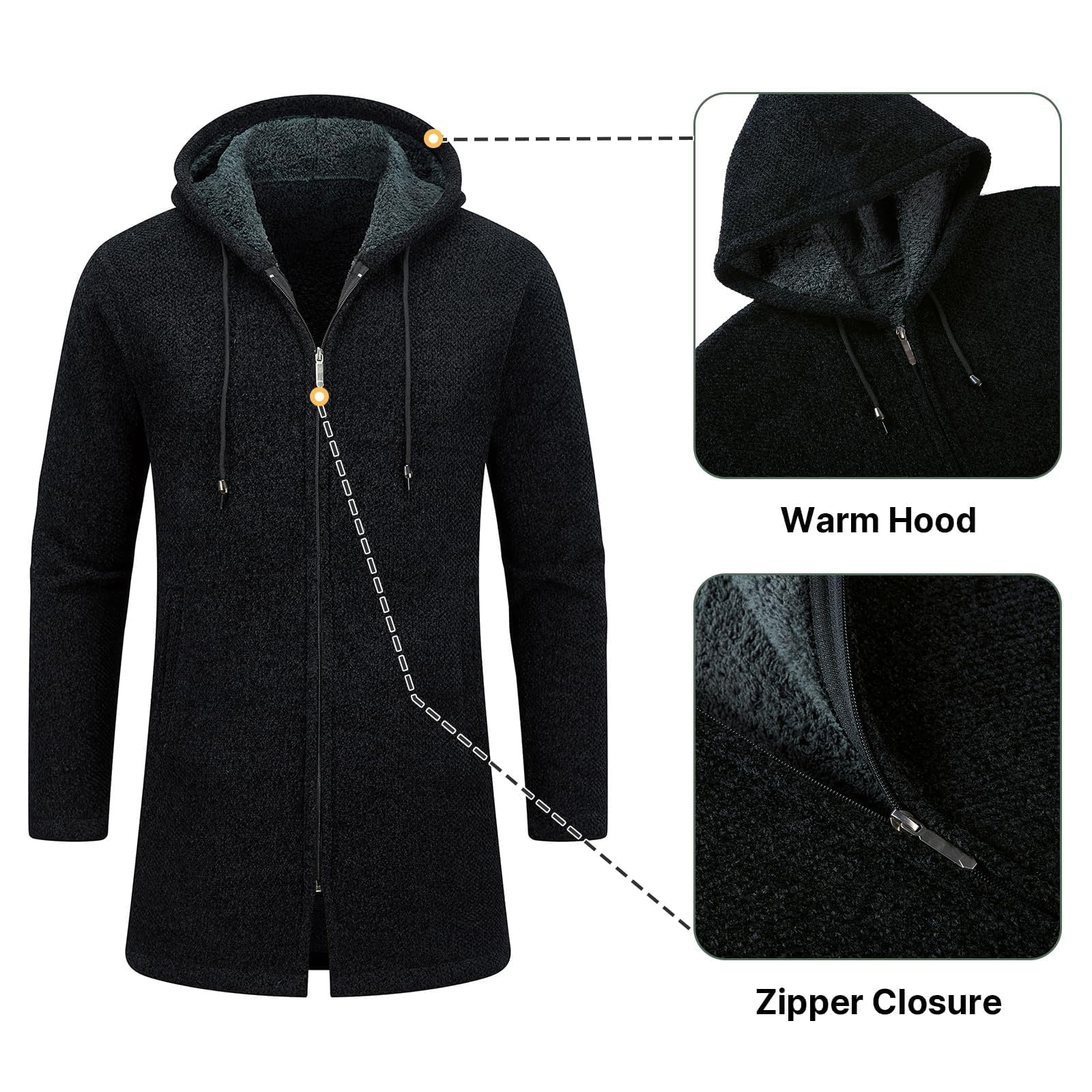 KUDORO Cardigan Homme Long à Capuche Zippé Pull Cardigan en Tricot Hoodie Épais et Décontractée Chandail Sweats à Capuche