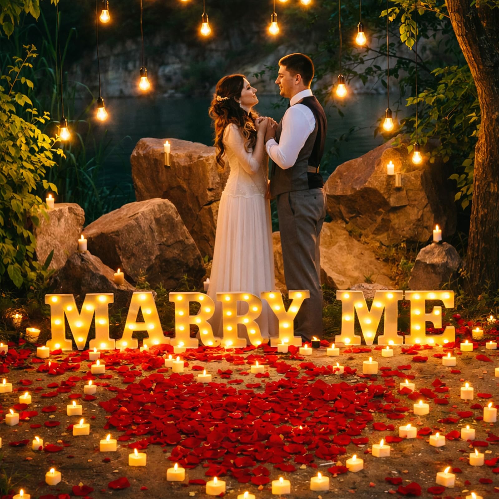 3D Leuchtender Buchstaben für Heiratsanträge, Buchstabenschild mit 24 flammenlosen Herzkerzen und 2000 Rosenblättern für Valentins romantische Nacht Dekor (MARRY ME)