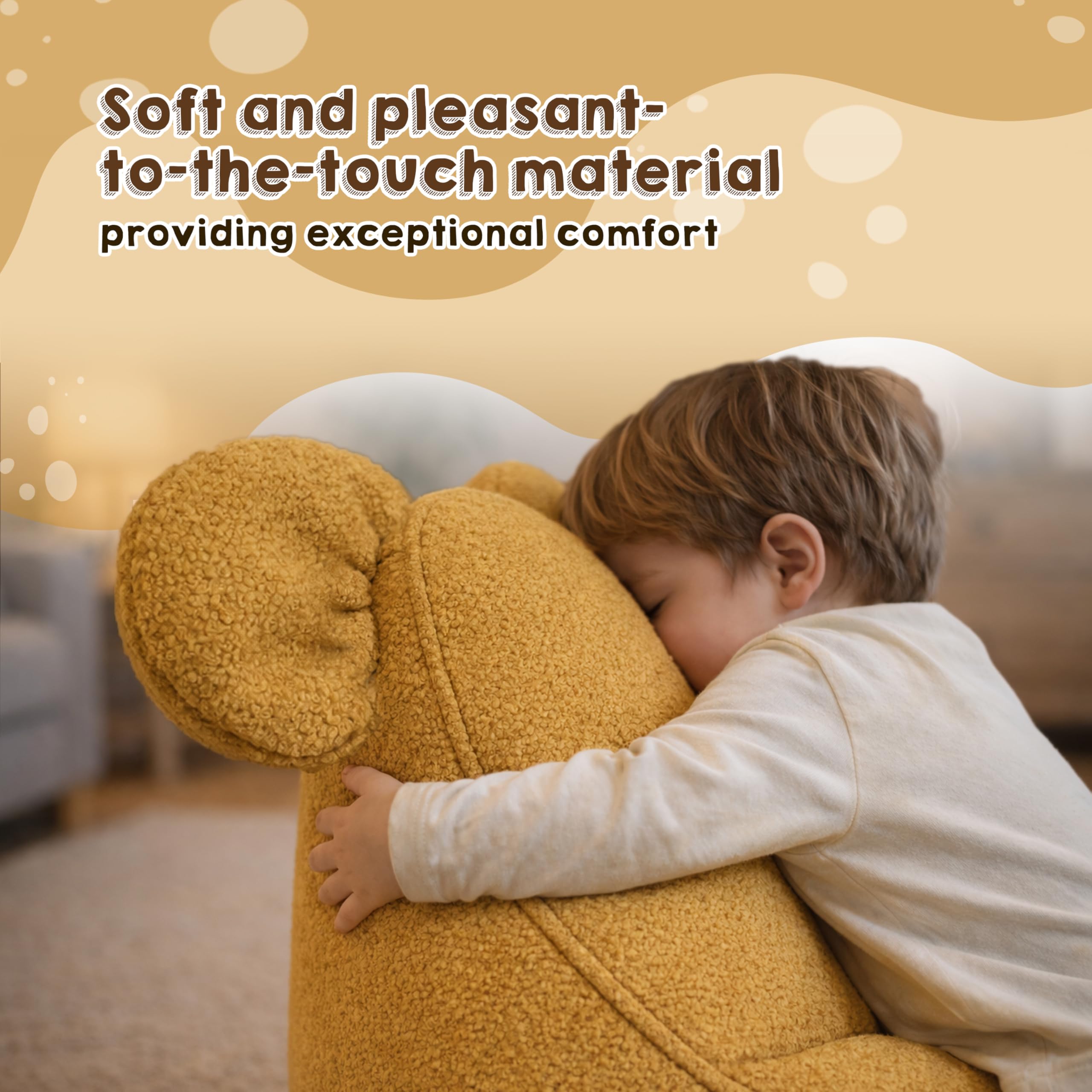POKAR Pouf Bambini con Orecchie di Topo 68x68x50 cm | Poltroncina Sacco in Tessuto Bouclé e Imbottitura Schiuma PU | Sedia Montessori per Cameretta e Gioco | OEKO-TEX | Made in EU | Beige Accogliente