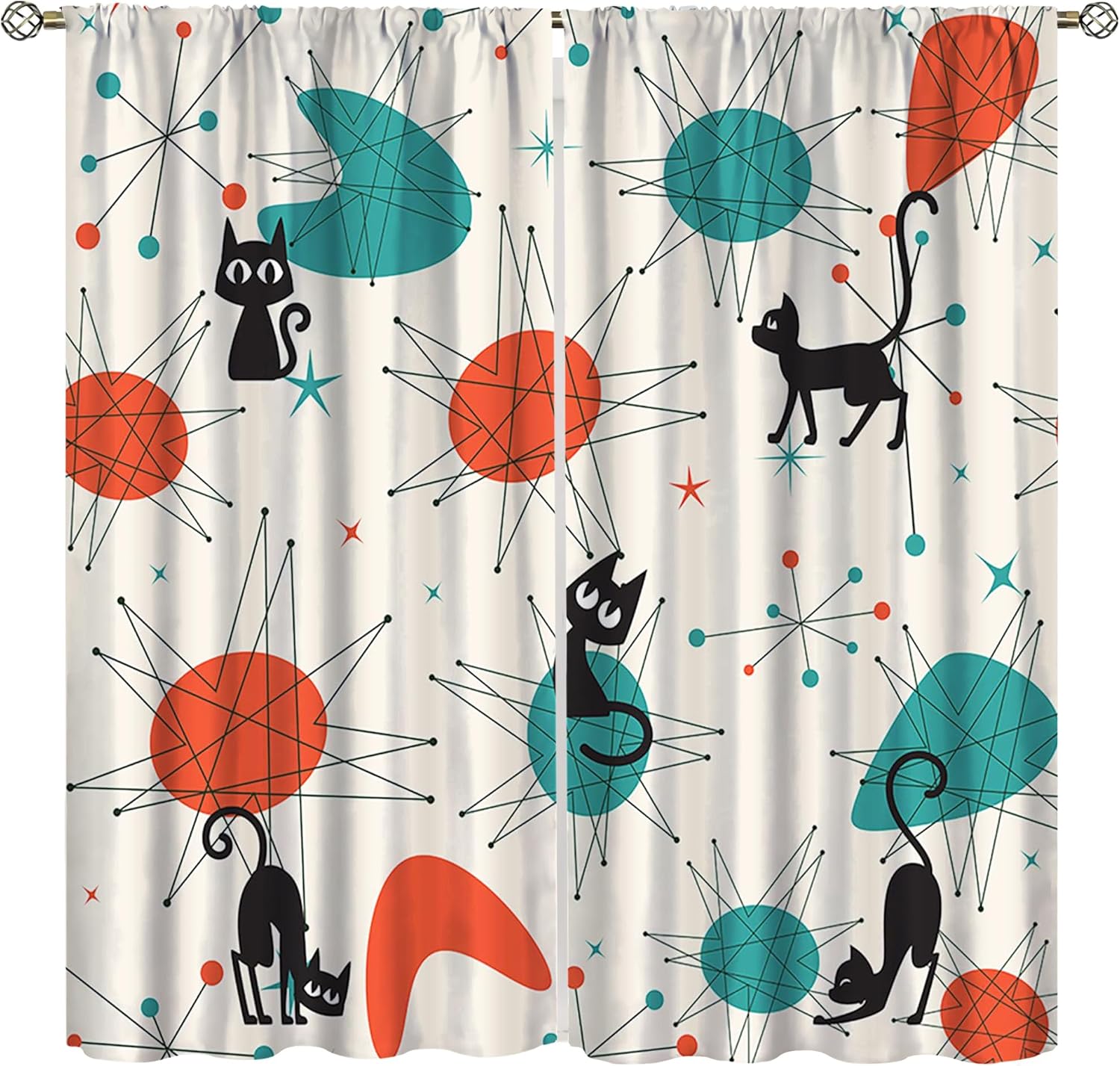 Mid Century Modern Curtains, Black Cat Retro Atomic Starburst Abstract Geometric