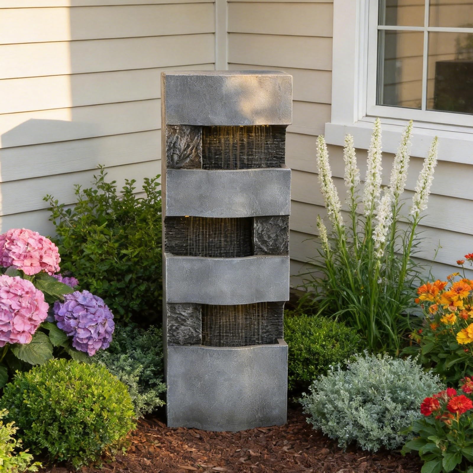 Sunlinua 3-stufiger Regenvorhang-Springbrunnen mit LED-Beleuchtung – moderner freistehender Brunnen für Garten, Terrasse, Balkon oder Eingangsbereich, 36.5×22×103 cm | Grau
