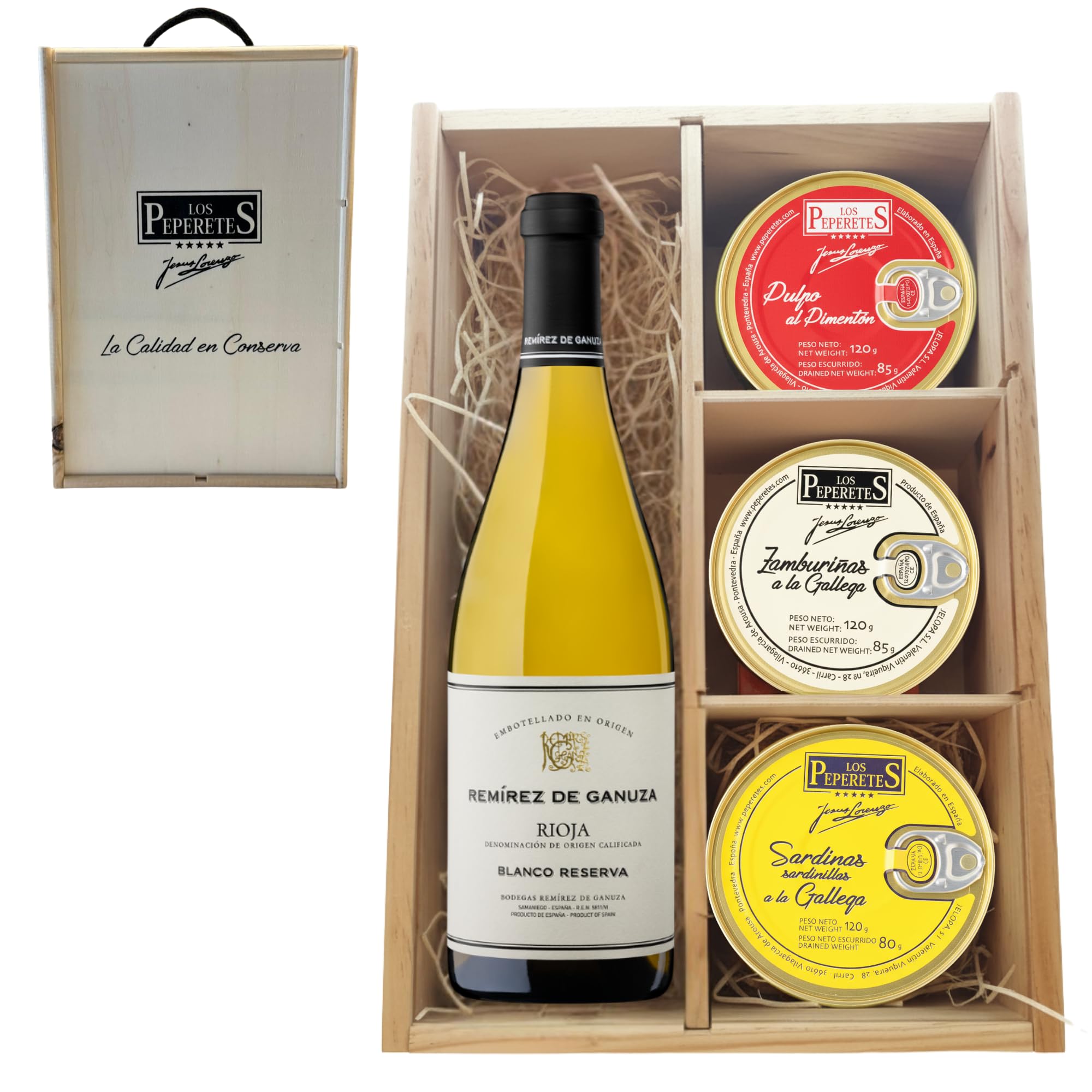 LOS PEPERETES Caja Regalo Gourmet Marisco Gallego + Vino Blanco Remírez de Ganuza | Pulpo al Pimentón ×2 · Zamburiñas ×2 · Sardinillas a la Gallega ×2 | Conservas Premium Artesanales
