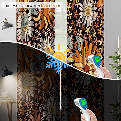 Miniatura 6 de Juego de 2 paneles de cortinas opacas de 63 pulgadas, aislamiento térmico y oscurecimiento de la habitación, cortinas de ventana con estampado retro