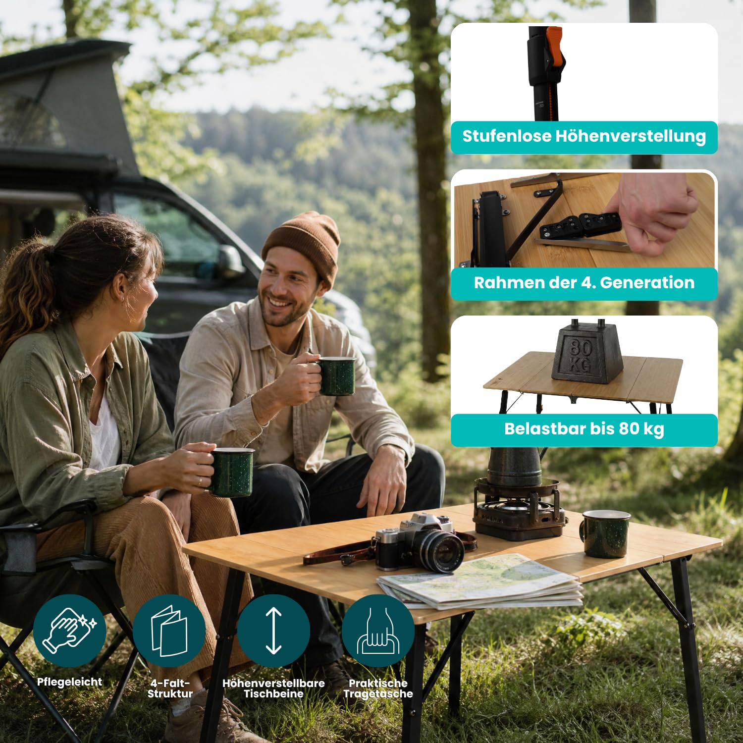 ARCTA® Campingtisch Faltbar Bambus 100x70cm – Höhenverstellbar 42-70cm – Klapptisch Outdoor bis 80kg – Picknicktisch für Camping, Garten & Balkon – inkl. Tragetasche – 8,5kg