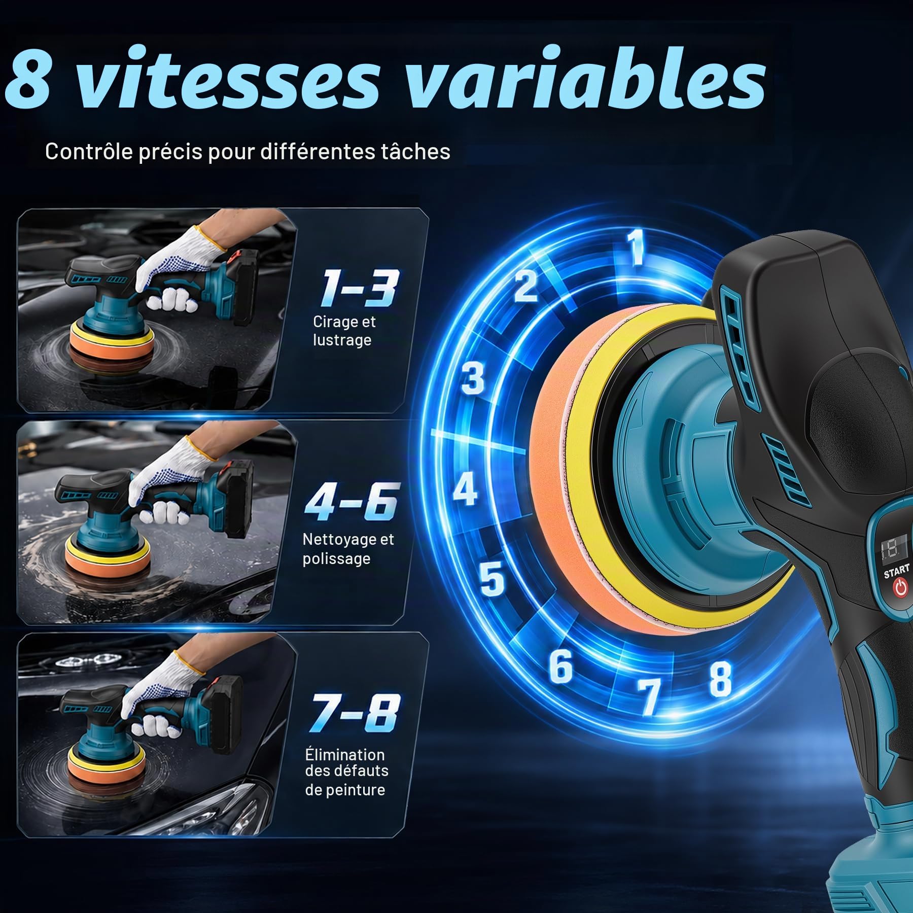 Polisseuse de Voiture Sans Fil avec 2 Batteries, 8 Vitesses Variables
