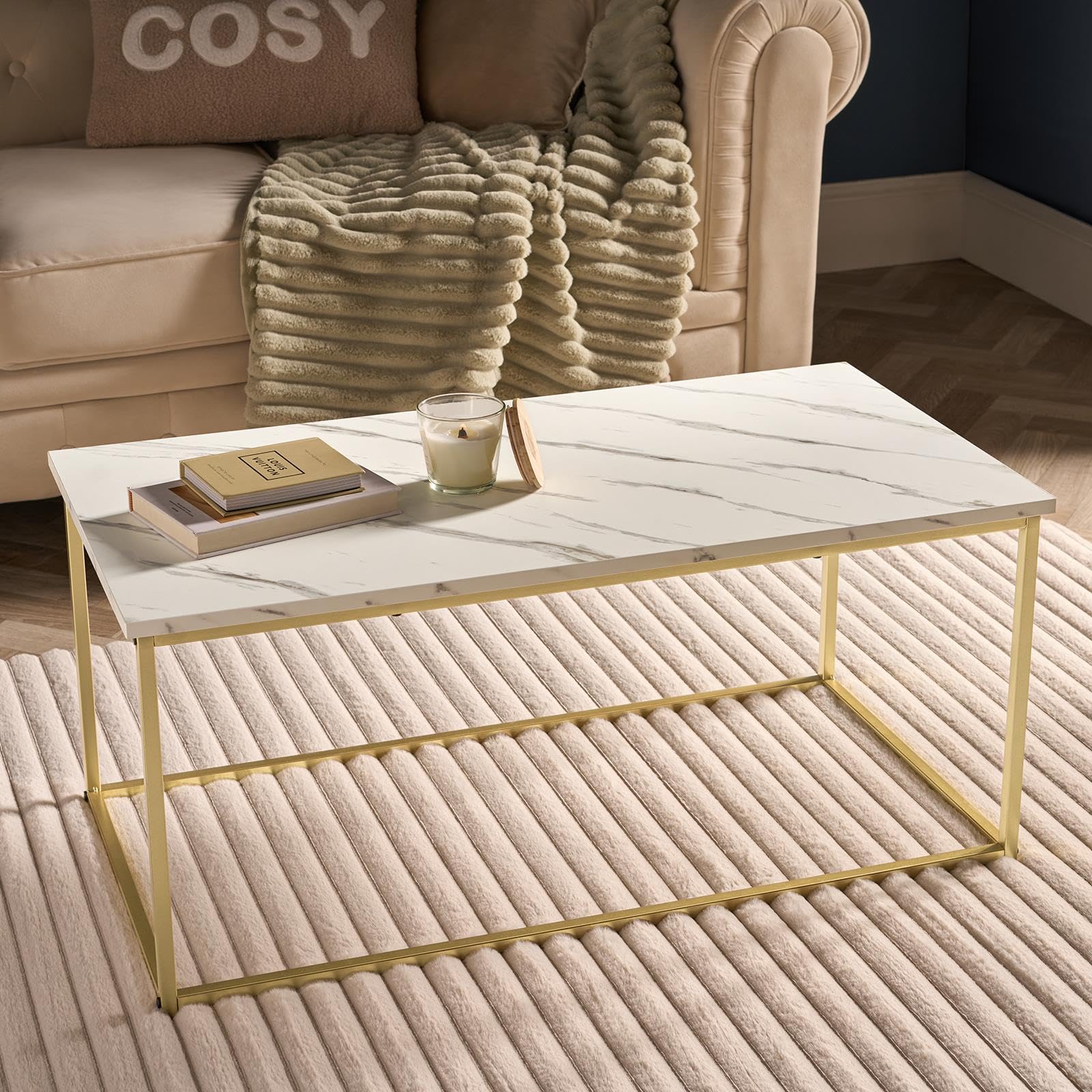 OHS White Marble Coffee Table, Modern Centre Table Living Room Home Office Decorative Coffee Tables with Gold Metal Frame Long Rectangle Table, 90 x 48 x 40cm