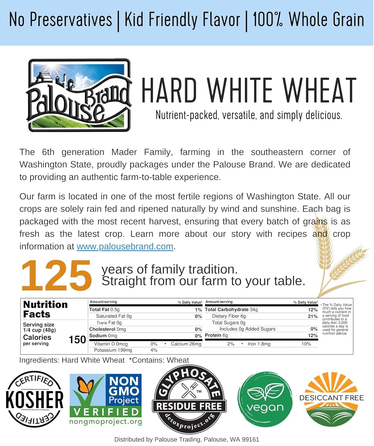 Palouse Brand Certified Glyphosate Residue Free White Bread Flour | 6 LBS (2-3 lb bags) | Whole Grain | Stone Ground | Non-GMO | Kosher | USA Grown | Field Traced | Resealable Bag