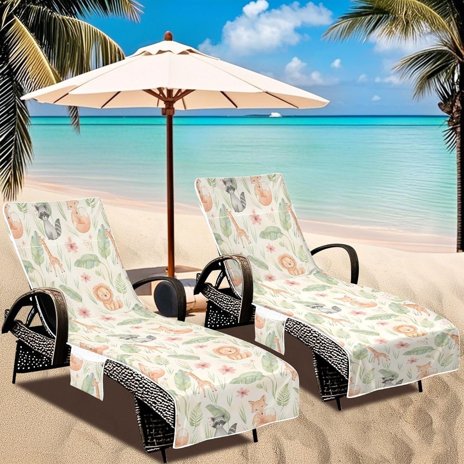 Cute Animals Lounge Chair Towel Cover with Side Pockets – 85x30in Foldable Chaise Cover for Beach, Pool, Patio, Spa
