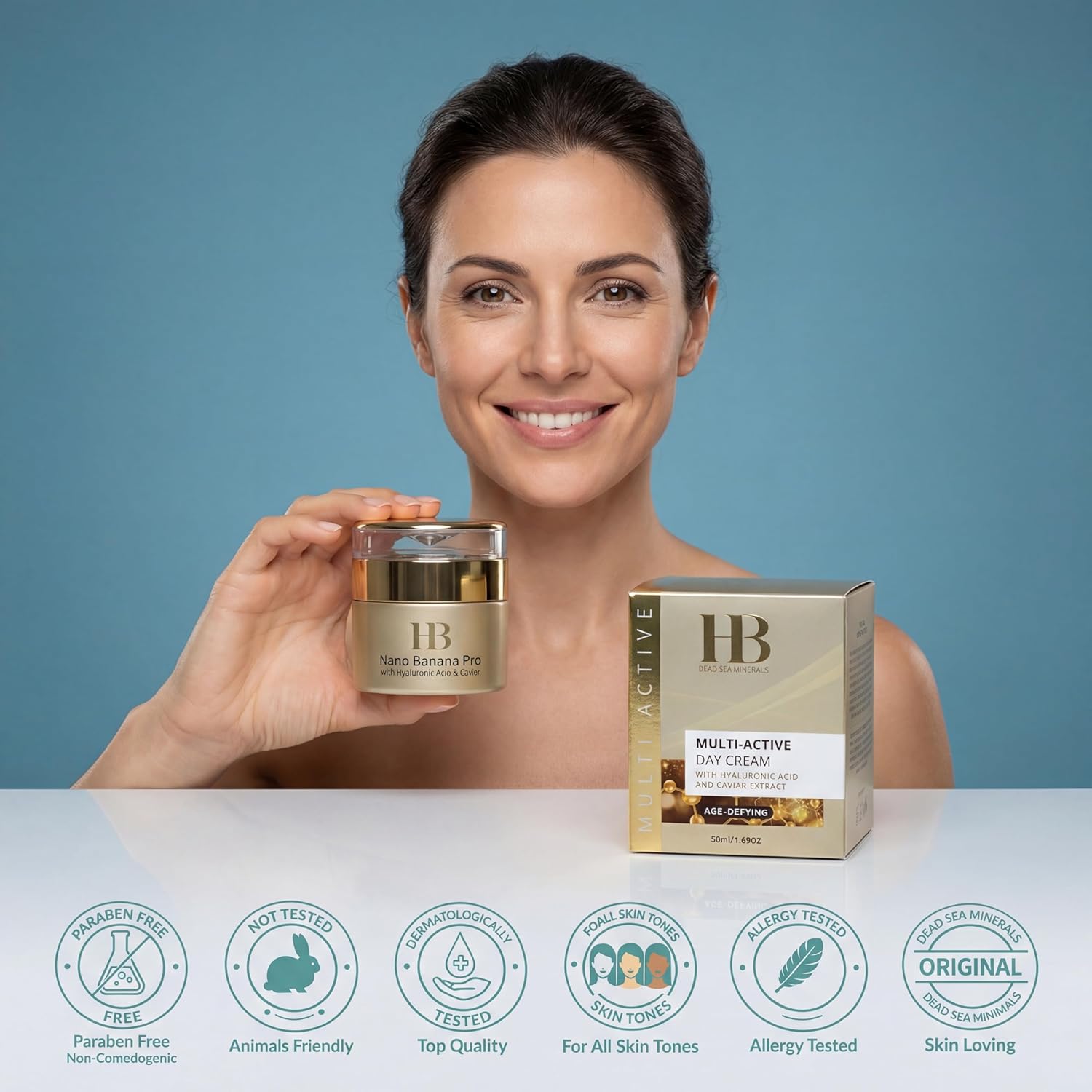 H&B HB Dead Sea Minerals Multi Active Day Face Cream with Hyaluronic Acid & Caviar, Hydrating Daily Moisturizer, 50ml / 1.76oz - Image 2