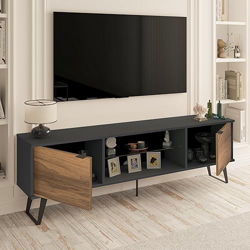 Miniatura 3 de Atelier Mobili - Soporte de TV moderno de mediados de siglo para TV de 75 pulgadas, soporte de TV de nogal para sala de estar, consola multimedia,