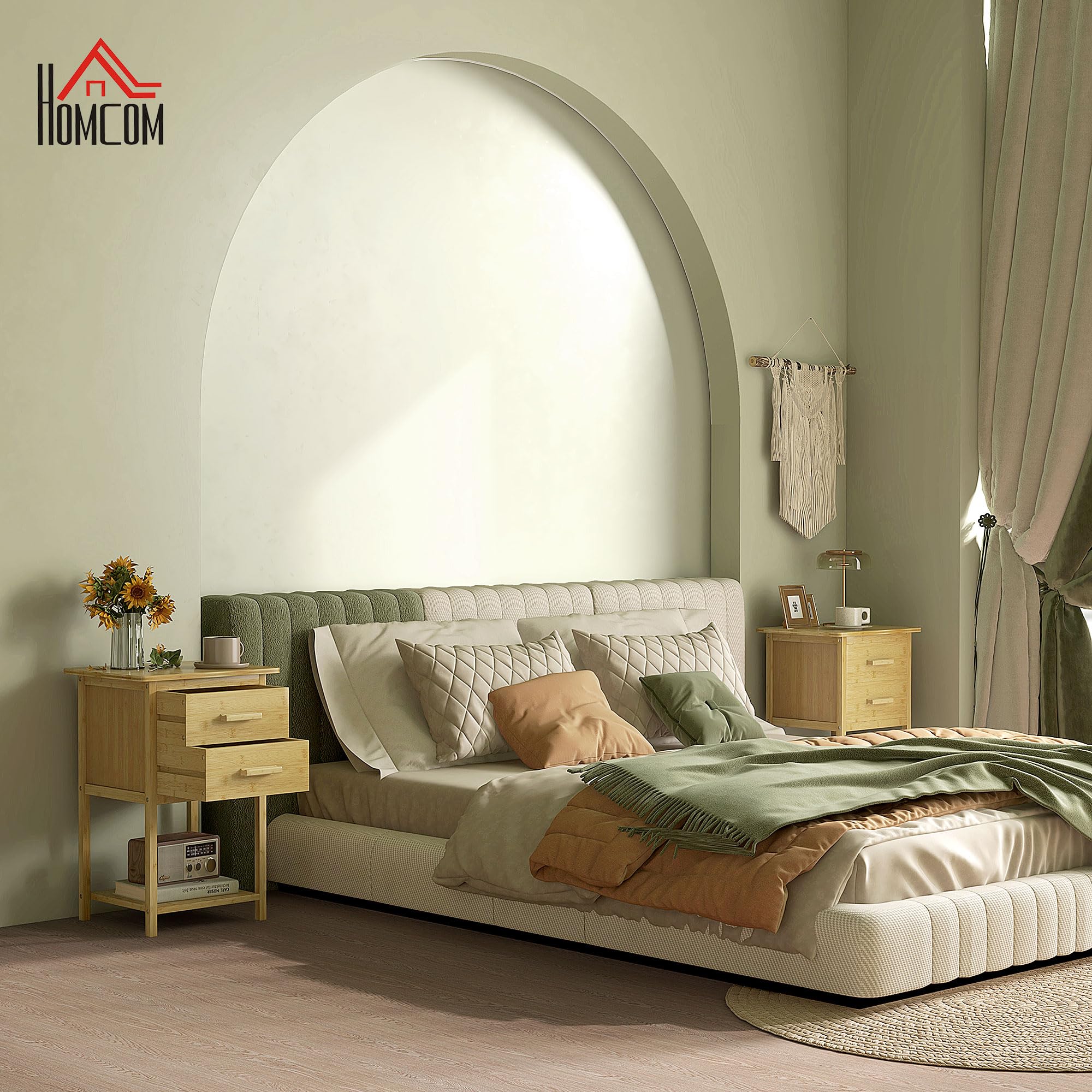 HOMCOM Set 2 Comodini con 2 Cassetti e Ripiano, 40x34x60 cm, Color Legno | Ripiano Inferiore, Stile Nordico, Comodini Moderni in Bambù