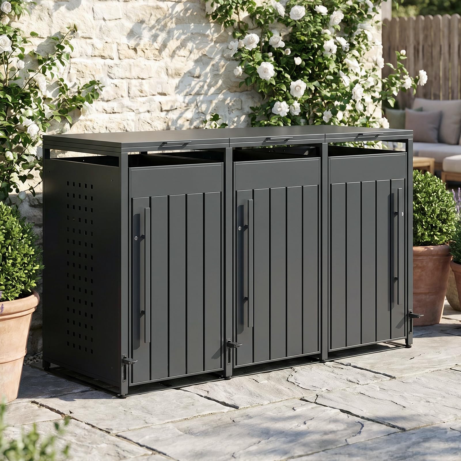 OMERAI Premium Mülltonnenbox 3er 240L mit Fußpedal - Anthrazit Verzinkter Stahl - Automatikdeckel mit Softclose & Schloss - Mülltonnenverkleidung wetterfest & UV-beständig Gerätebox - erweiterbar