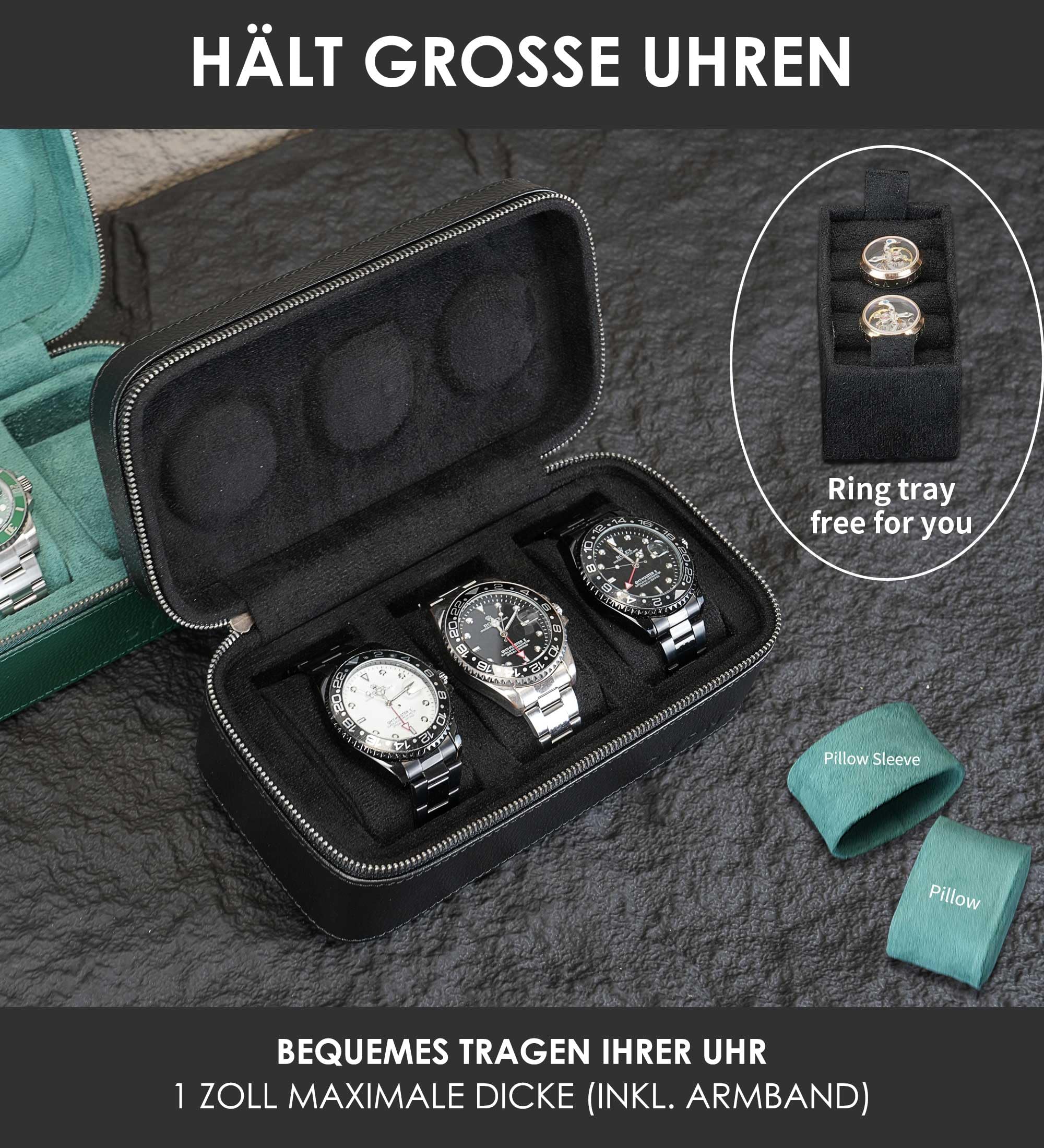 Boîte de voyage en cuir véritable pour homme et femme - Organiseur de rangement avec fermeture éclair en daim pour la protection - Convient à toutes les montres jusqu'à 60 mm (3W-Z-BBL)