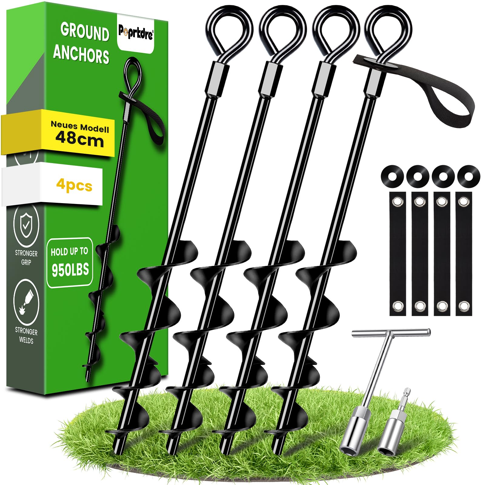 Lot de 4 piquets d'ancrage au sol de 48 cm avec sangles résistantes, ancrages au sol à visser dans le sol pour tentes, balançoires, auvents, particulièrement stables et faciles à installer