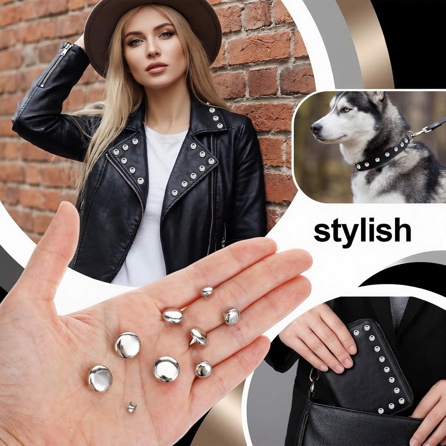 320 Pcs Studs for Clothing, 5 Sizes Silver Metal Spike Round Studs for Clothing, Leather Craft, Belt, Bag, Shoes, Bracelet, Dog Collar, DIY Accessories