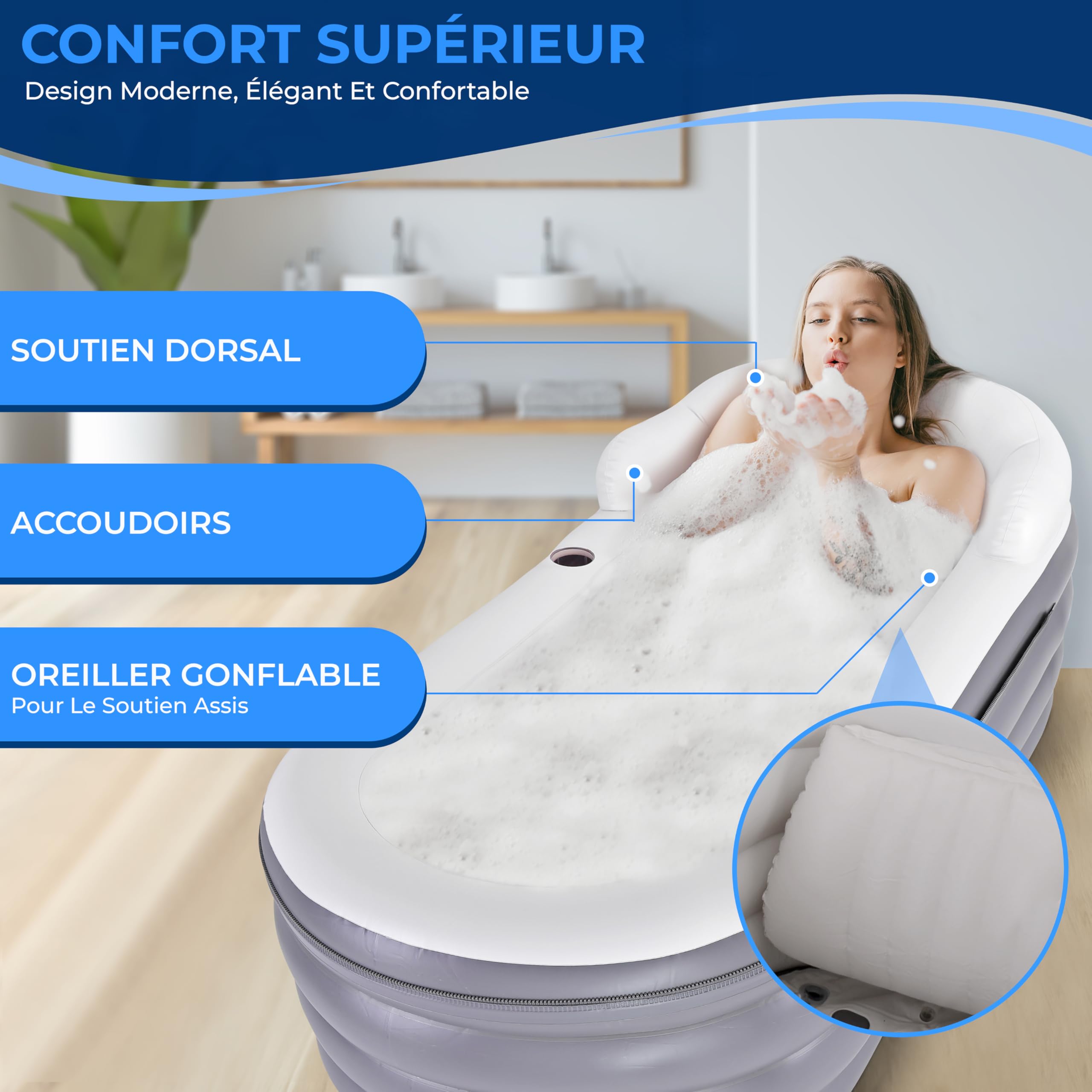 SereneLife Baignoire de Spa avec Tapis de Massage à Bulles, Baignoire Gonflable avec Coussin, Porte-Gobelet, Télécommande pour Éclairage LED, Dossier et Accoudoirs, Convient jusqu'à 86 kg