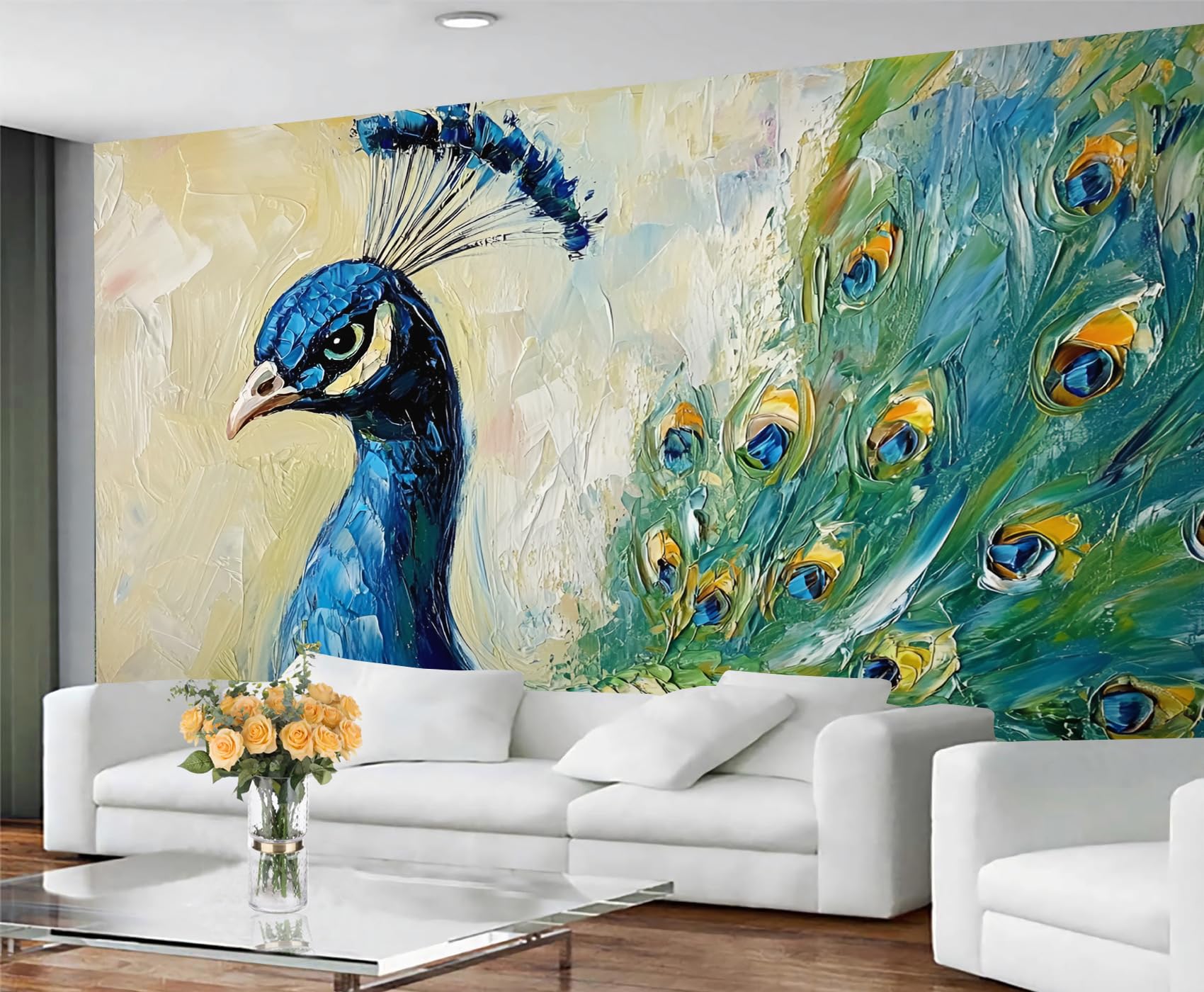 GIVLWF Peacock Wallpaper, Elegant Peacock Bedroom Wallpaper, Green Feather Wall Paper for Living Room, Not Self Adhesive Oil Painting Wall Mural, Bird Large Mural & Room Decor — image 1