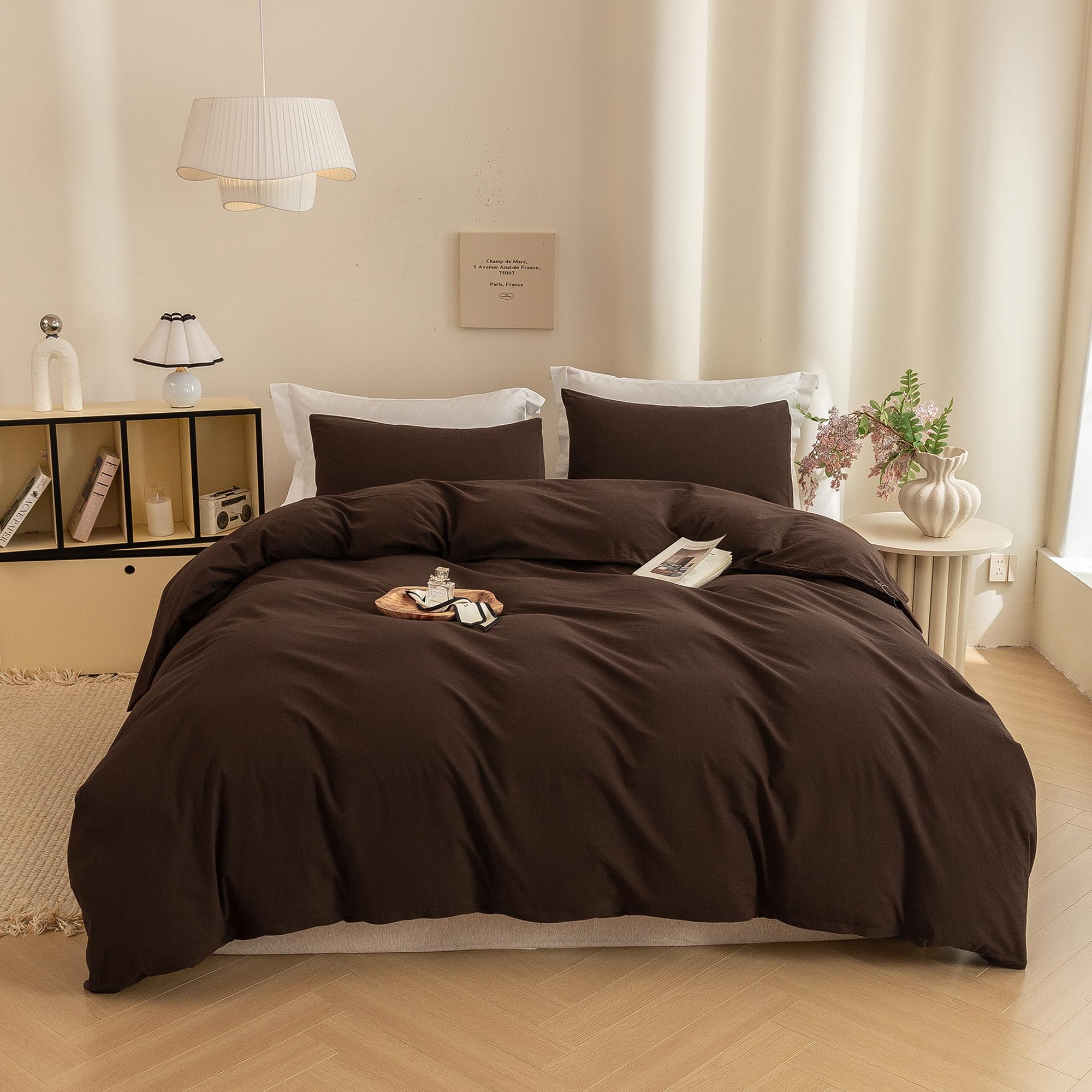 ECOCOTT Duvet Cover King Size -100% Washed Cotton Linen Like Textured Breathable Durable Soft Comfy Bedding Set with Zipper Closure &amp; Corner Ties (Cocoa Brown, 104"x90")