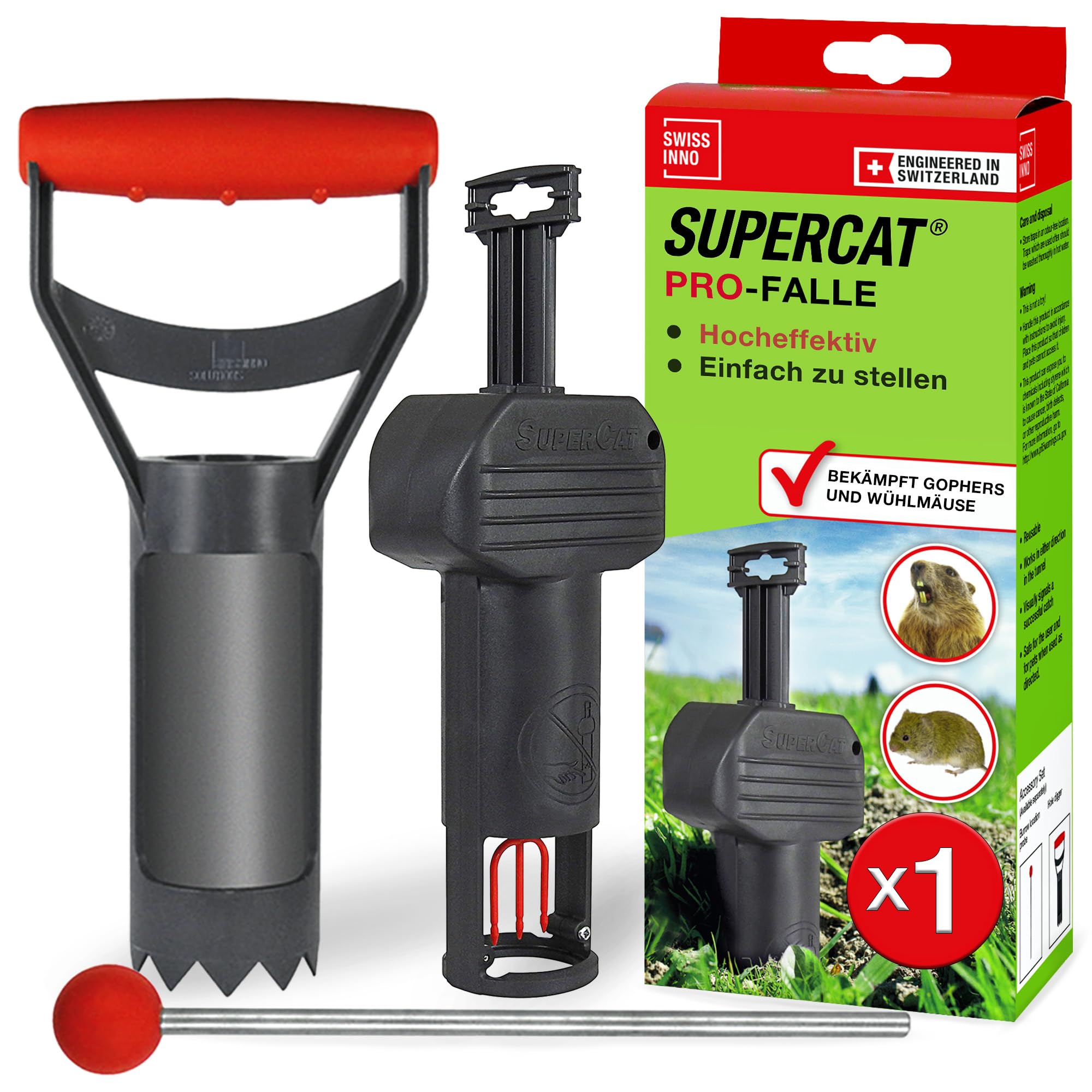 SWISSINNO zamka za voluharice PRO SuperCat uklj. set pribora - učinkovita zamka protiv poljskih miševa i voluharica, patentirani mehanizam za okidanje, sigurno + za višekratnu upotrebu - 1 zamka + 1 set pribora