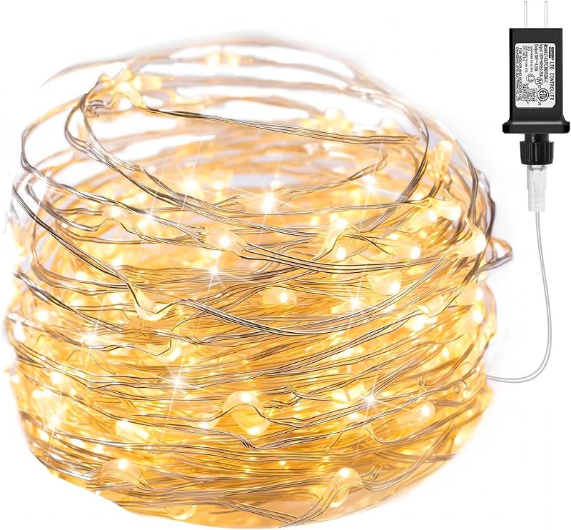 Minetom Fairy Lights Plug in, 33Ft 100LEDs String Lights for Bedroom | Adaptor Included, Waterproof Silver Wire Led Lights for Wedding Patio Indoor Outdoor Christmas Decorations, Warm White