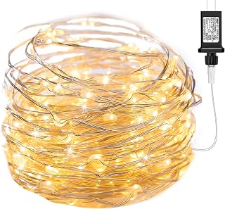 Minetom Fairy Lights Plug in, 33Ft 100LEDs String Lights for Bedroom | Adaptor Included, Waterproof Silver Wire Led Lights for Wedding Patio Indoor Outdoor Christmas Decorations, Warm White