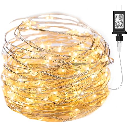 Minetom Fairy Lights Plug in, 33Ft 100 LEDs Waterproof Silver Wire Firefly Light, Adaptor Included, Starry String Lights for Wedding Patio Indoor Outdoor Christmas Decorations, Warm White