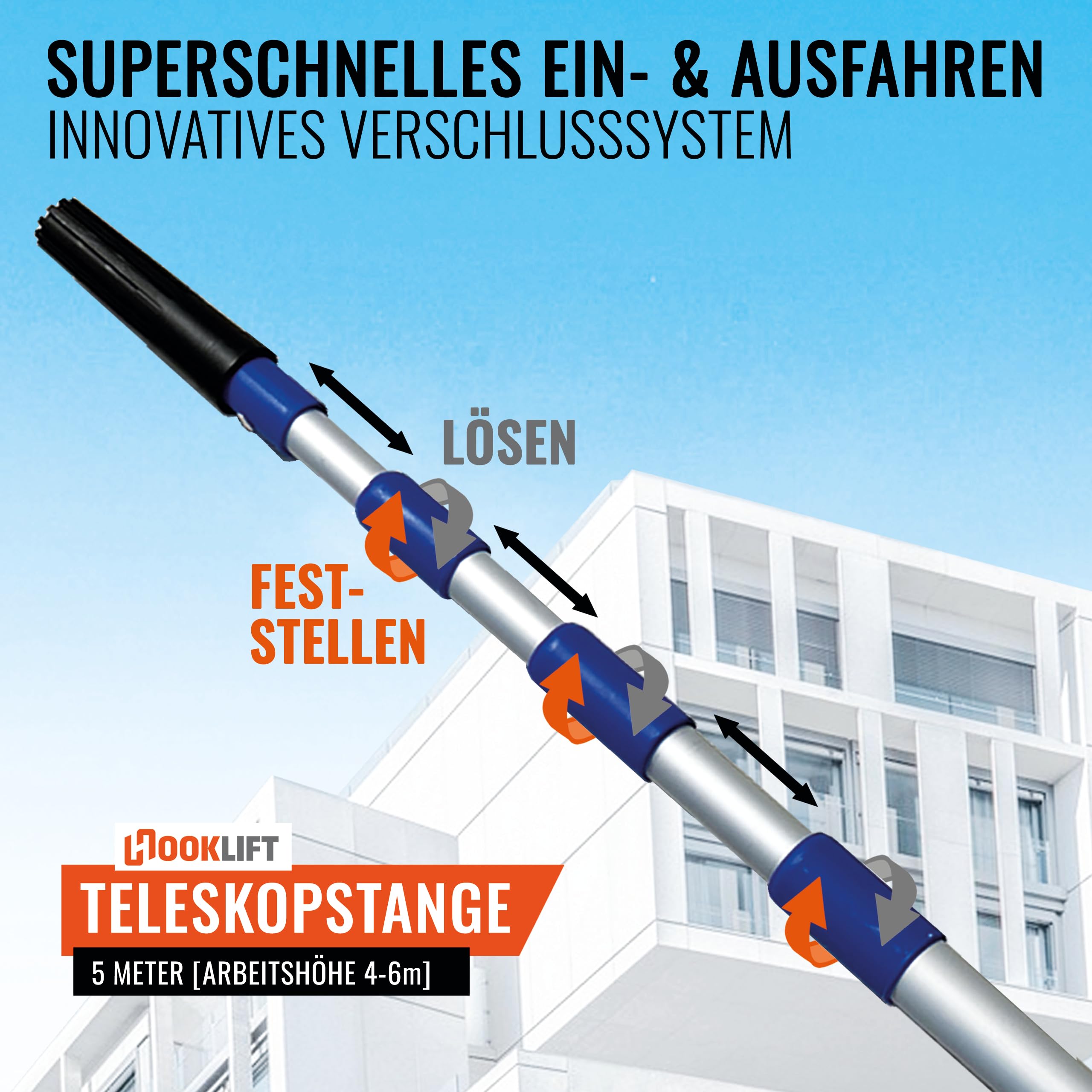 die KÜRZESTE 5m Alu-Teleskopstange mit Adapter, stufenlos von 154 bis 505 cm verstellbar; ideal für das neuartige Magnet-Haken-System und für weitere Werkzeugaufsätze nutzbar