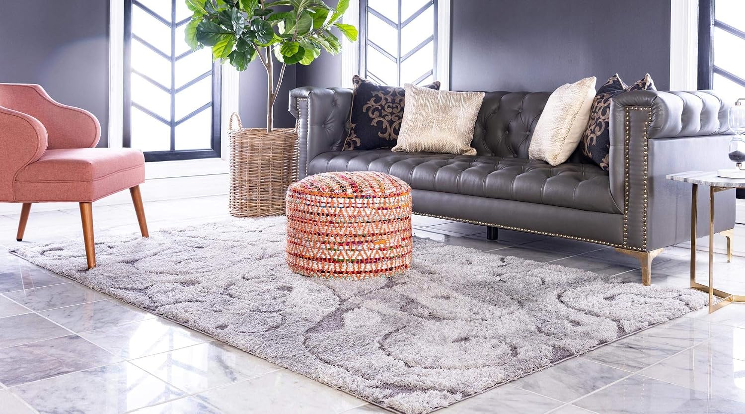 Rugs.com Botanical Shag Collection Rug – 4' x 6' Gray Shag Rug Perfect for Living Rooms, Large Dining Rooms, Open Floorplans