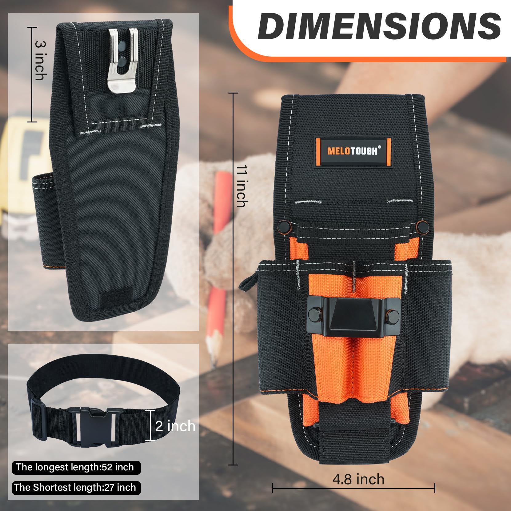 MELOTOUGH Borsa per tecnici a 7 tasche, piccola tasca per attrezzi da cintura con clip da cintura, clip su tasche più grandi e passante, accessorio porta attrezzi con clip