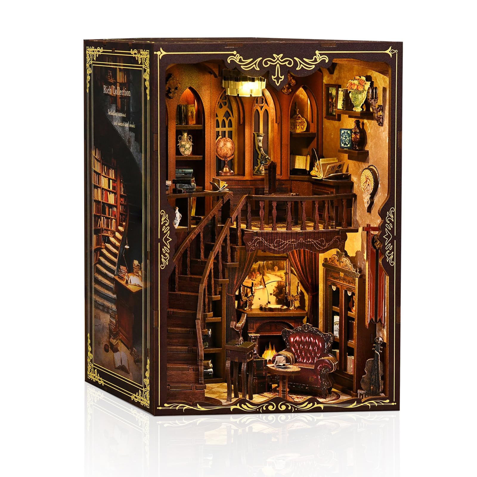 Casa Delle Bambole Kit, 3D in Legno Modellismo da Costruire con Luce Led, Piccola Casa in Miniatura DIY per Adulti, Regali Creativi Artigianali di Natale per il Compleanno (Biblioteca antica)