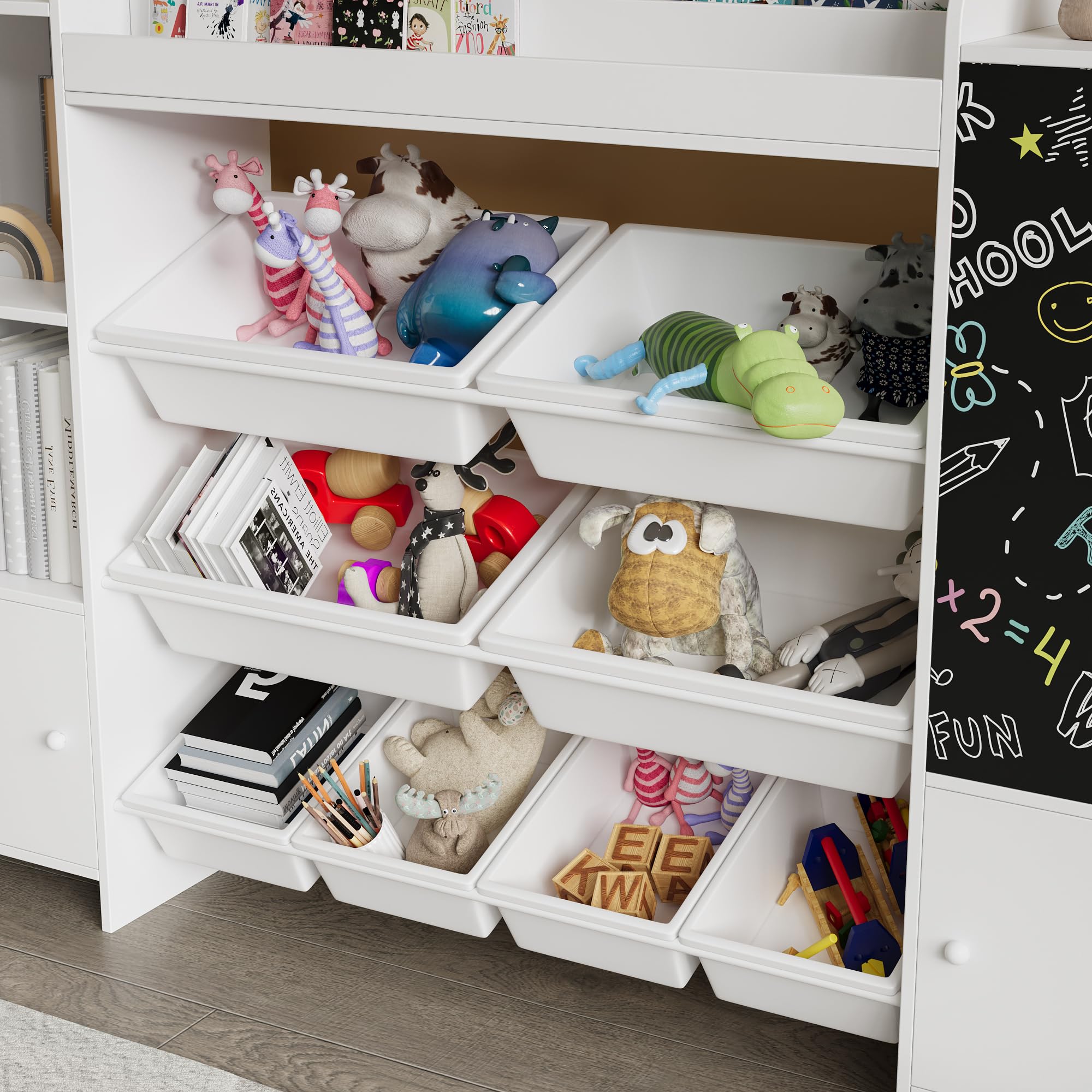 PerGar Bücherregal Kinder, Spielzeug-Organizer, Multifunktionale Ablage mit 8 Aufbewahrungsboxen, mit Tafel, Aufbewahrung von Büchern & Spielzeug im Kinderzimmer, Weiß, 137×94.5×30cm