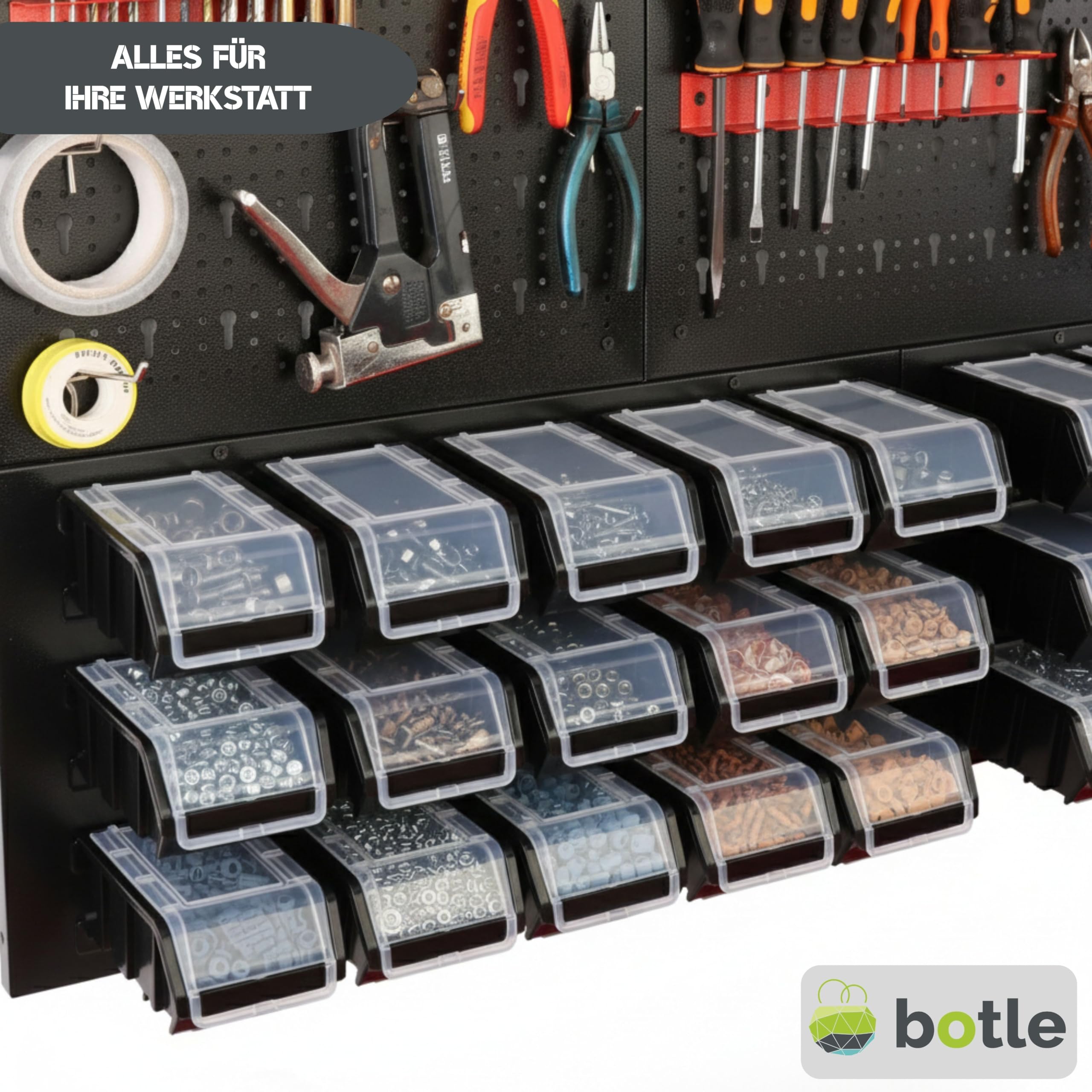 botle® Werkzeugwand Lochwand aus Metall, Stapelboxen + Wandregal + Werkzeughalter 47-TLG Set, Kleinteilelager, Wandwerkstatt mit 20 stapelbaren Behältern, Hängeregal Sortierregal