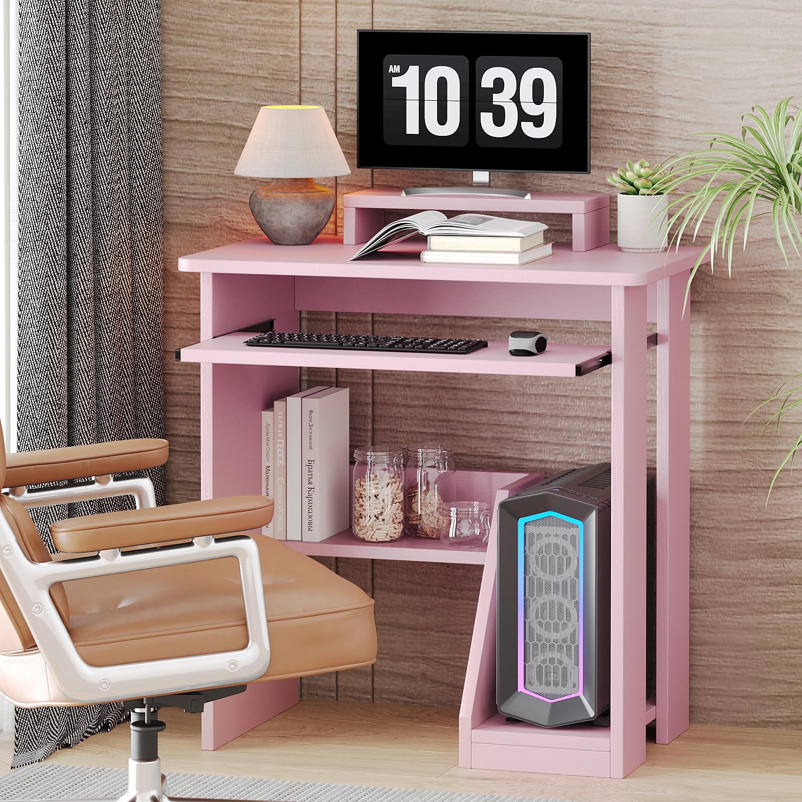 MIN WIN Kleiner Schreibtisch, Computertisch mit Monitorständer, Tastaturablage und CPU-Ständer, Bürotisch für kleine Räume, Home Office, Schlafzimmer