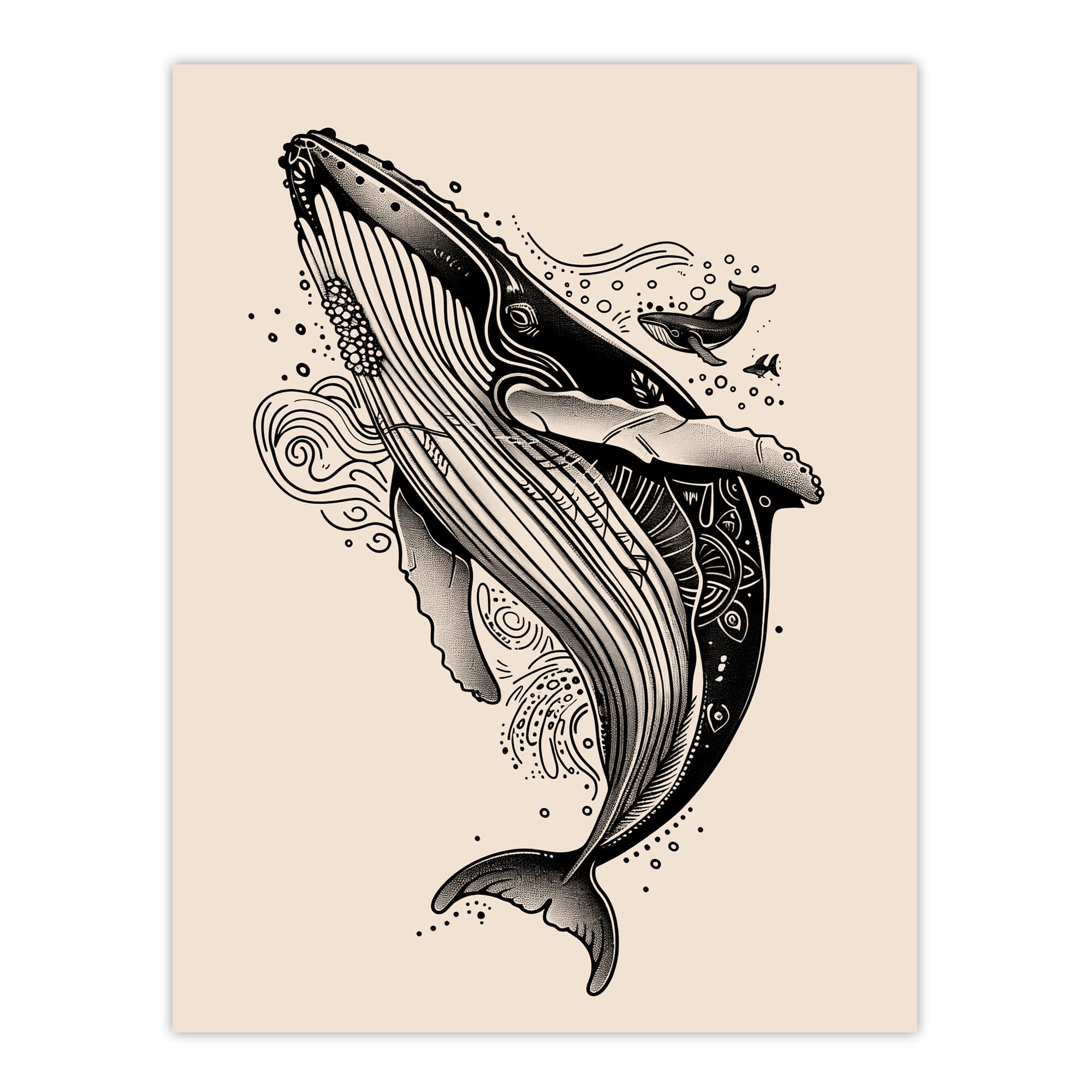 Artery8 Humpback Whale with Tribal Patterns Tattoo Style Bathroom Toilet Extra Large XL Wall Art Poster Print
