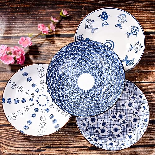 Miniatura 5 de LMRLCS Juego de platos llanos de cerámica, cuencos de pasta, platos azules y blancos, plato de postre, plato floral poco profundo, juego de 4 para