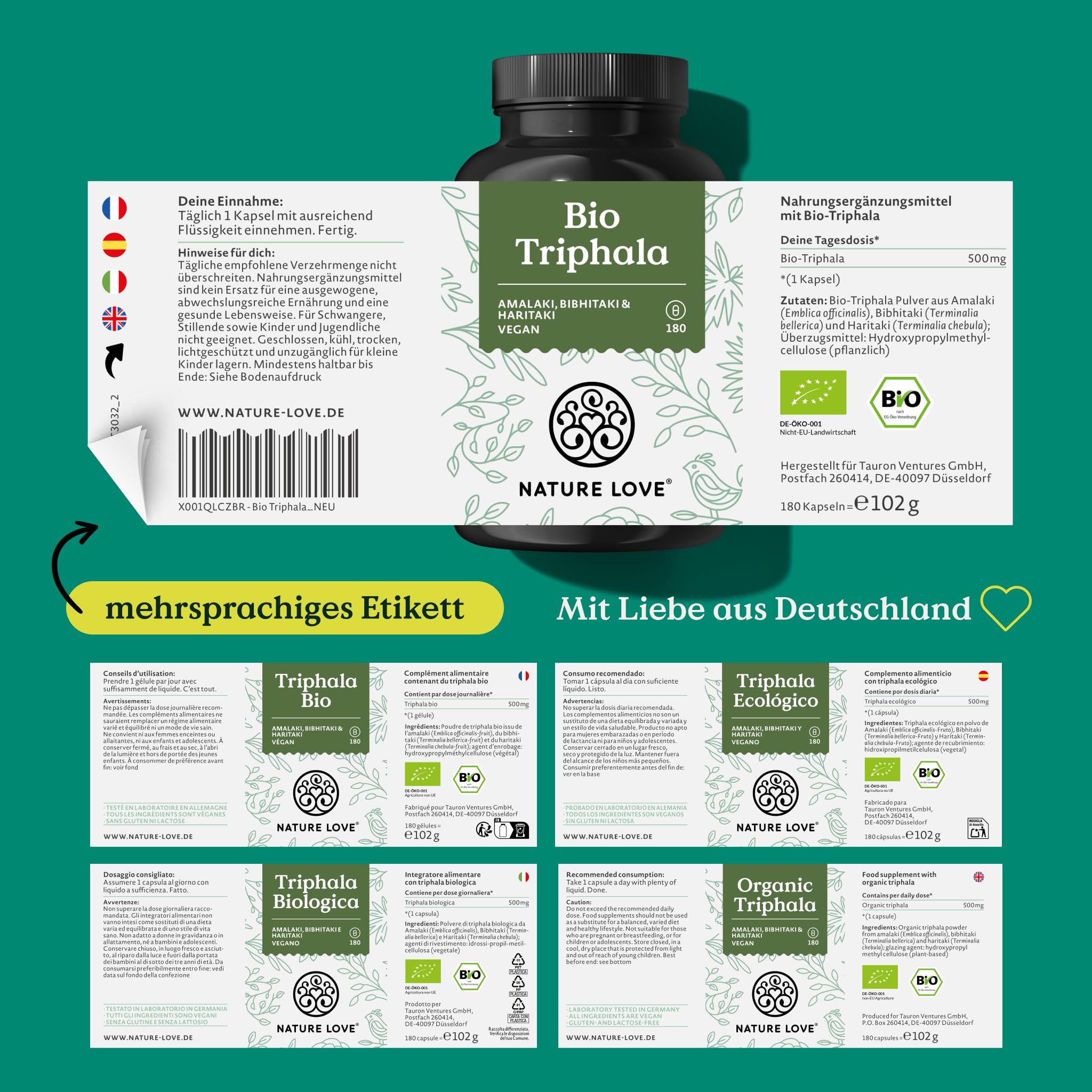 NATURE LOVE® Bio Triphala - Hochdosiert mit 500mg je Kapsel - 180 Kapseln - Hochwertiger Rohstoff aus Indien - Laborgeprüft und zertifiziert Bio, in Deutschland produziert
