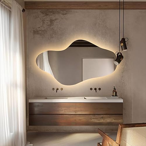 Miniatura 1 de KT WALL ART Espejo de pared con iluminación LED asimétrica para baño, espejo de tocador irregular con luces, espejo de pared iluminado LED
