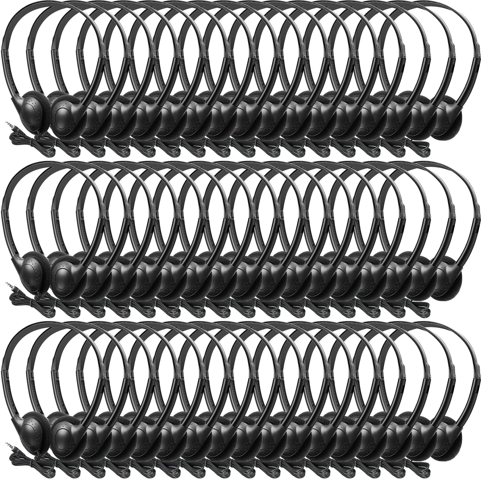 Frienda Set di 48 cuffie per aula con cavo stereo con jack da 3,5 mm, set di auricolari per studenti per bambini, adulti, scuola, biblioteca, aereo, computer portatile, senza microfono, nero
