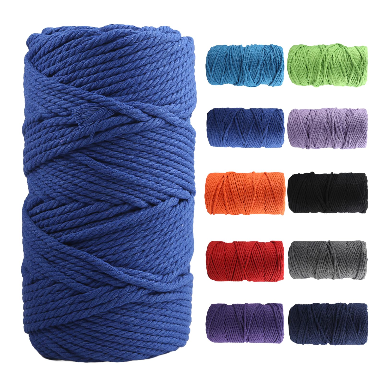 Macrame Cotton Cord 5mm×100m, Soft 4 Strand Twisted Natural Cotton for Handmade Wall Hanging, DIY, Craft Making, Knitting, Plant Hangers, Decorative Projects (Sapphire Blue)