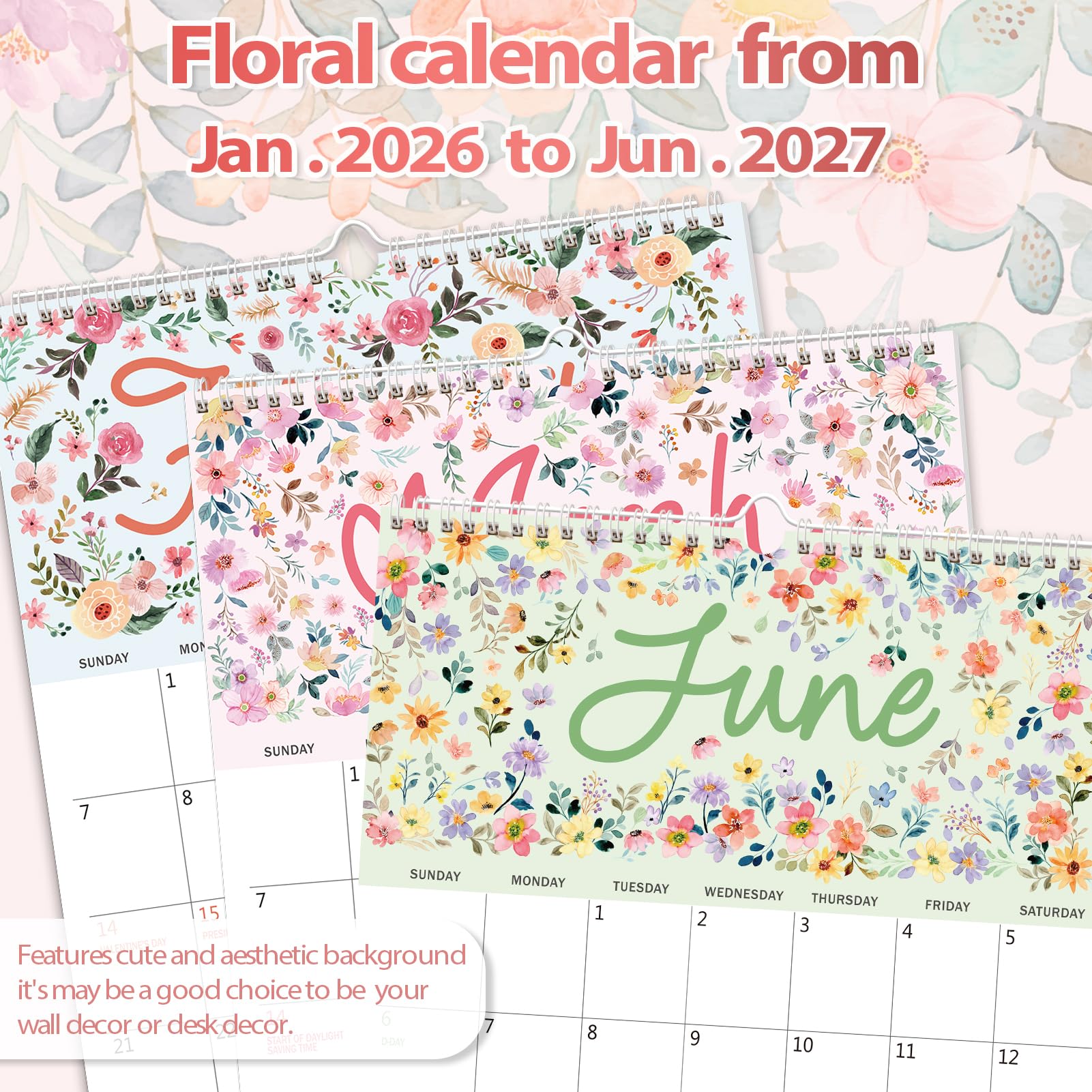 Condition photo showing New/Like New for GuassLee Wall Calendar 2026, Floral Vibes Calendar Wall 2026, 18-Months Hanging Calendar Jan. 2026 to June. 2027, 14” x 11” Monthly Planner Wall with Thick Paper for Office School Home Teacher