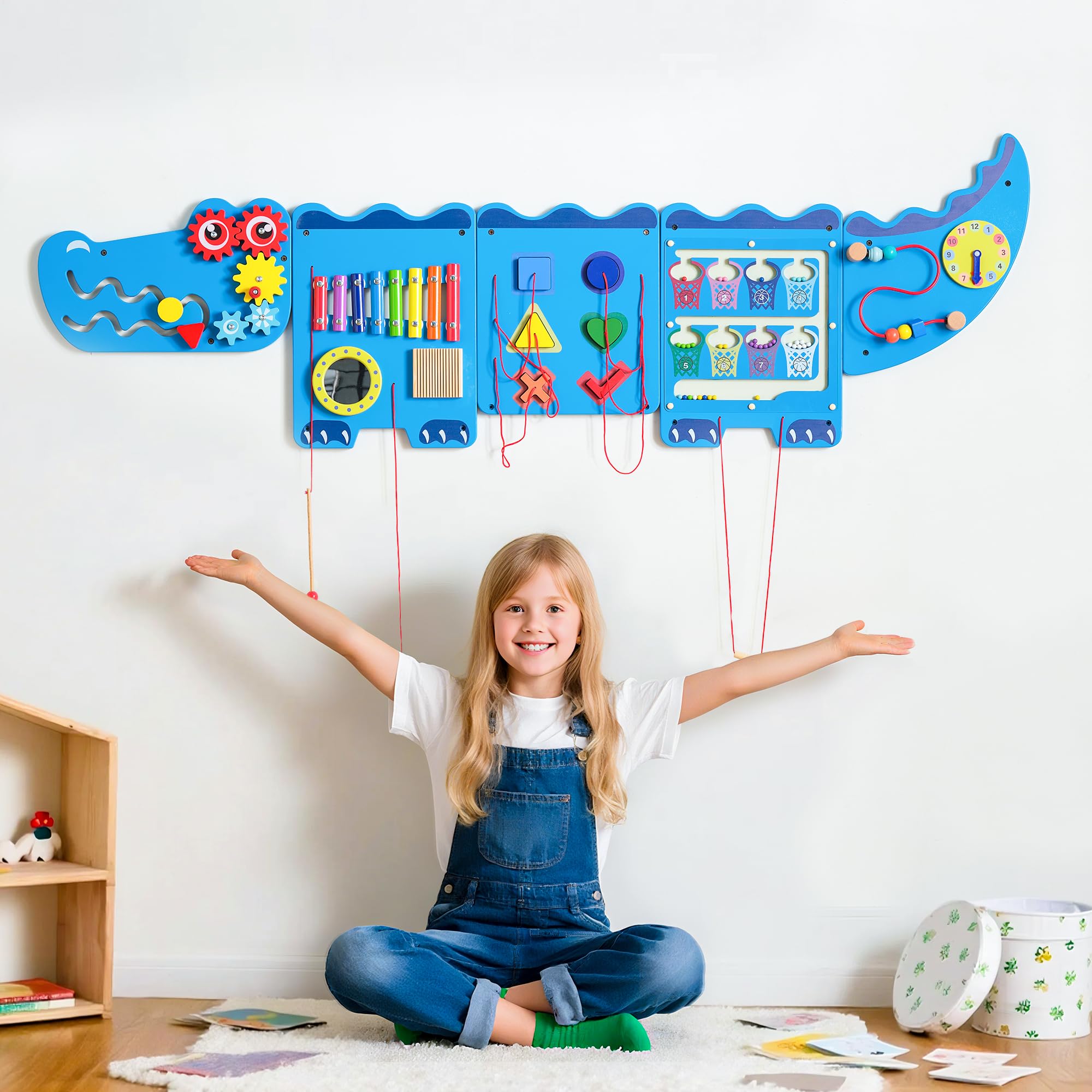 Spacocld Crocodile Sensory Toys Activity Wall Panels - Montessori Busy Board, Toddler Learning Panel, Wall-Mounted Playroom/Daycare Educational Toys, Interactive Wooden Gift for Kids 3-6, Blue​