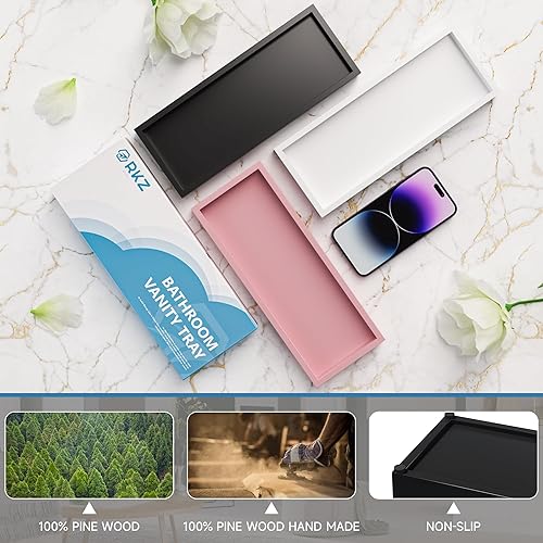 Miniatura 7 de Bandeja de tocador de baño, bandeja decorativa negra para mostrador, 11.2 x 4.3 pulgadas, soporte pequeño de madera para fregadero, bandeja de jabón