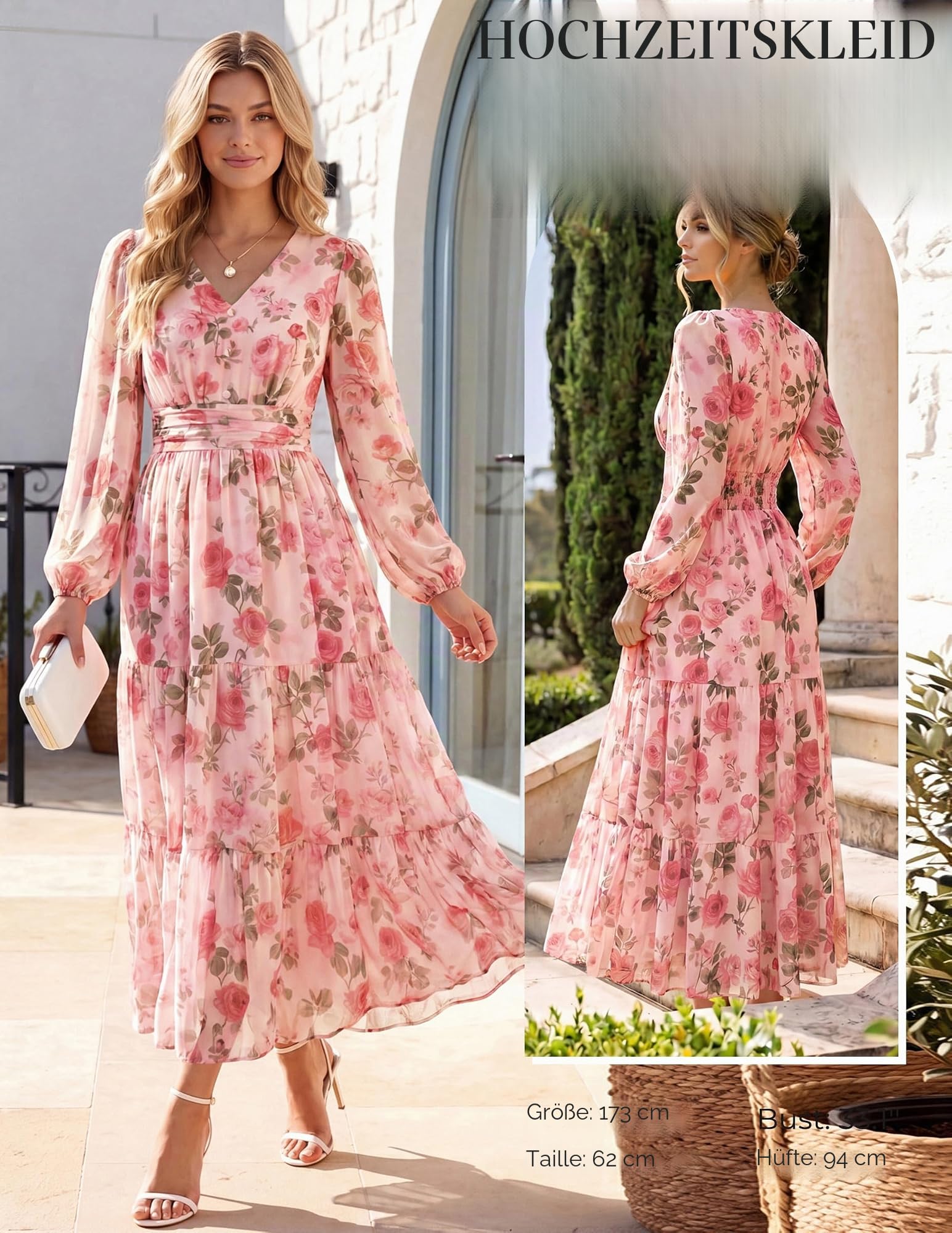 GRACE KARIN Damen Kleid V-Ausschnitt Langarm Hochzeitsgast Blumen Maxikleid | A-Linie Chiffon Kleid. Mit Reißverschluss & Taschen. Perfekt für Hochzeitsgast, Feste & Partys.