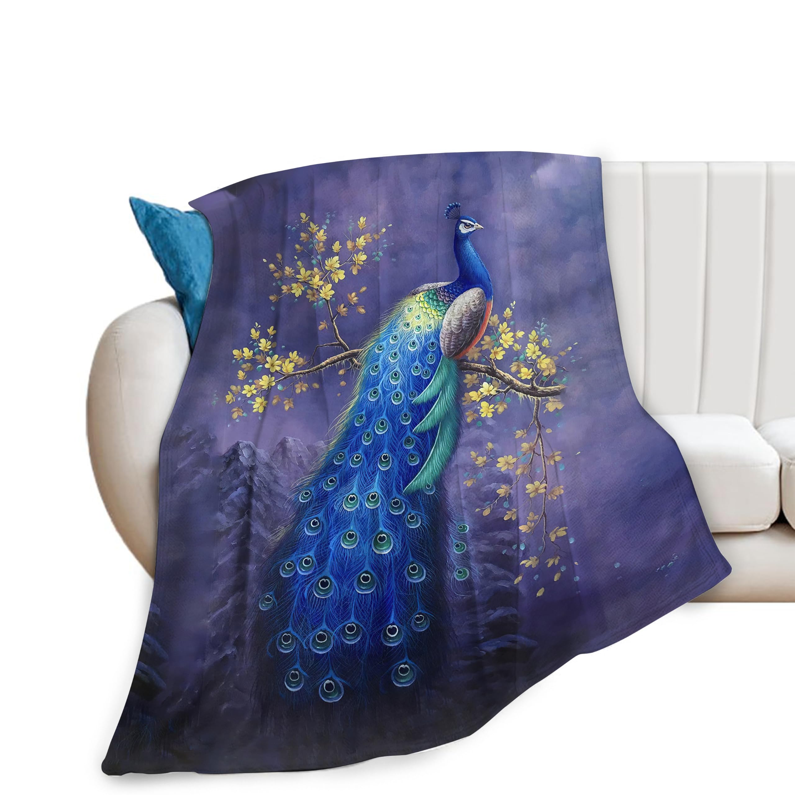 JUZGTSIT Peacock Blanket Woman Peacock Throw Blanket for Man Boys Fleece Soft Cozy Warm Fuzzy Purple Peacock Blanket Gifts Couch Sofa Bed 100x125cm