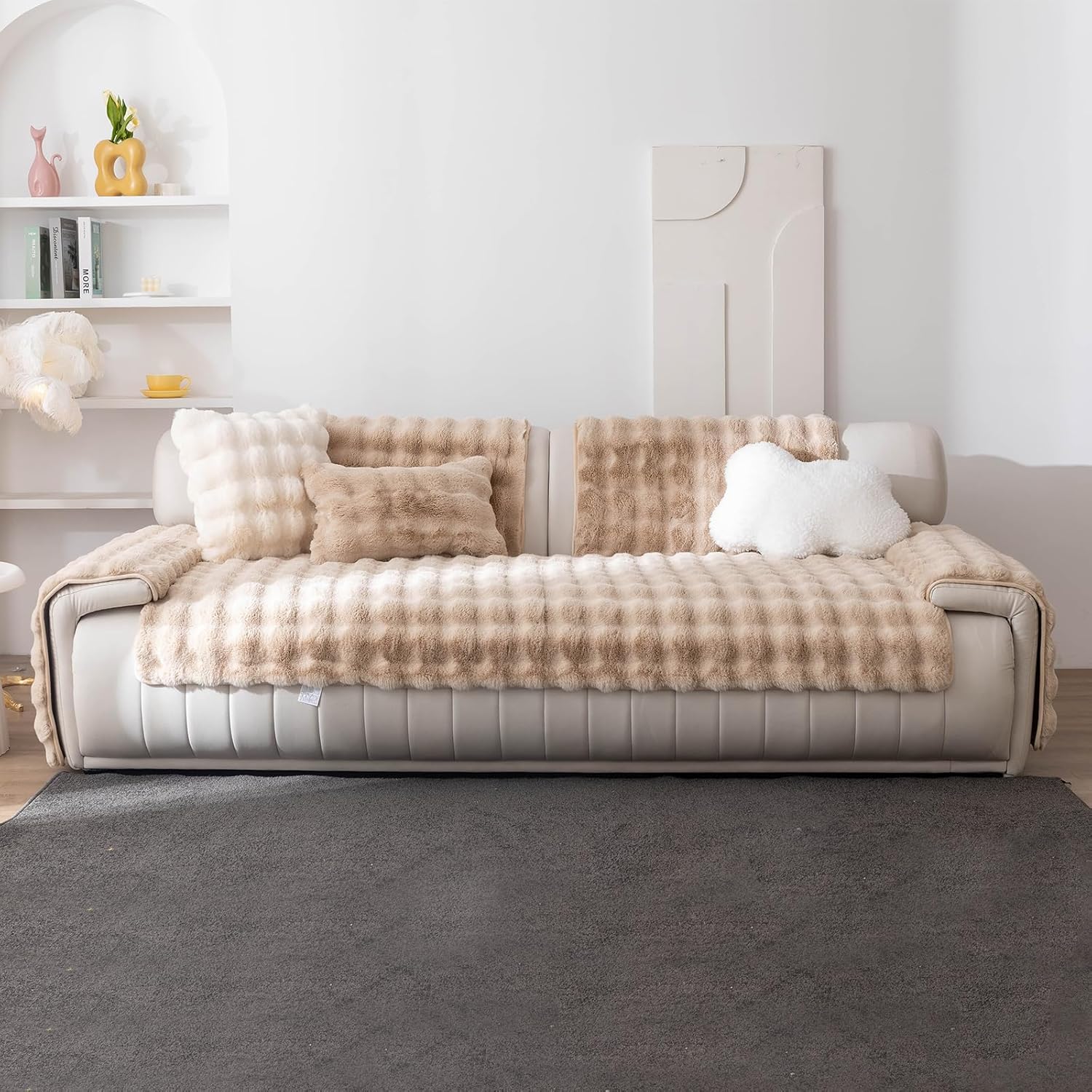 Faux Fur Couch Cover, Soft Warm Plush Sofa Couch Cover, Non Slip Sectional Sofa Slipcovers for L Shaped, Washable Furniture Protector for Kids, Dogs(Khaki, 36"x 47")
