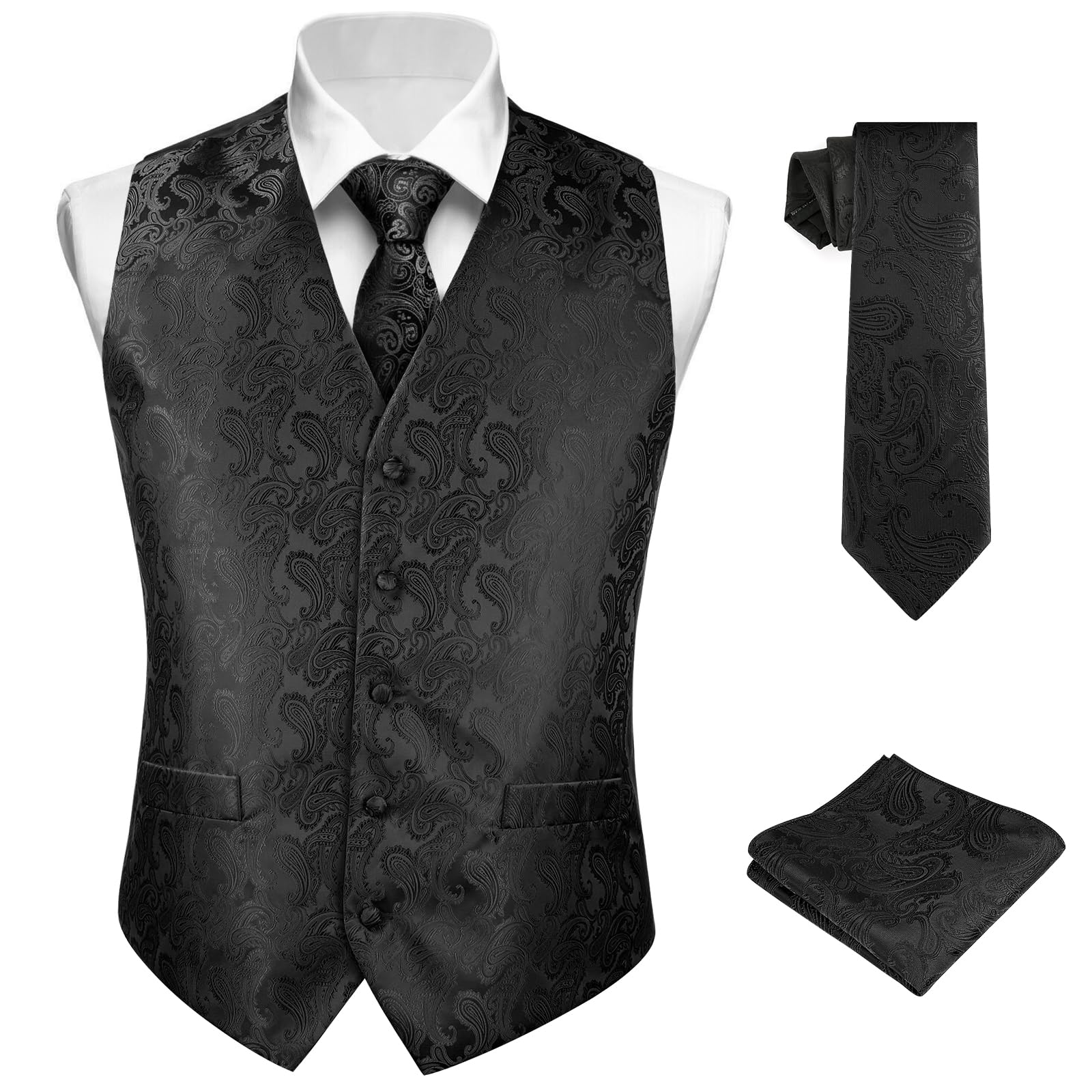 BSBUY Gilet da Abito da Uomo Nero, Classico Gilet Formale da Uomo, Elegante Gilet da Uomo Senza Maniche con Scollo a V, Business Suit Vest per Festa Sposa con Tasche, Gilet Set Cravatta e Fazzoletto