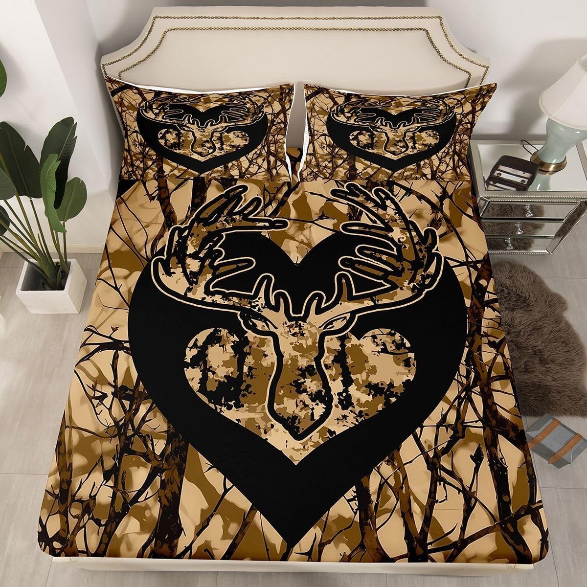 Camouflage Style Double Fitted Sheet Deer Head Heart Bed Sheets Deep Pocket 12 inch (30 cm) Soft Cozy 3 Piece Microfibre Bed Sheet 135x190 cm with 2 Pillowcases 50x75 cm