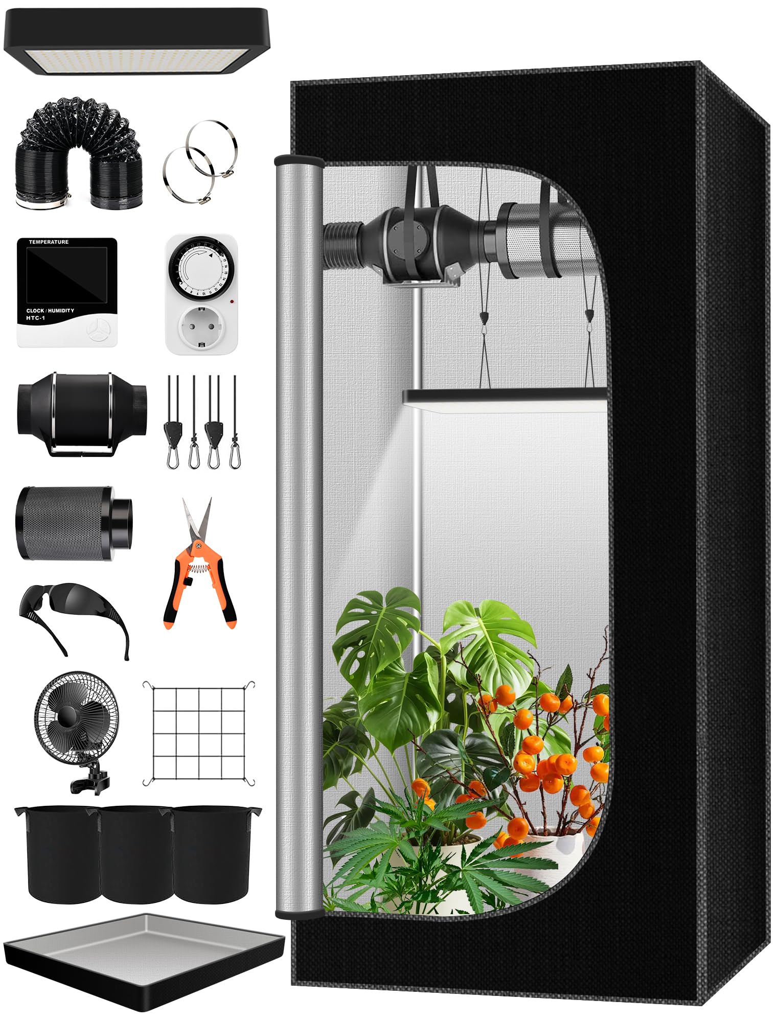 Set completo per coltivazione indoor, grow box 60x60x140 cm, sistema di coltivazione con lampada LED da 100 W, ventilatore automatico da 4 pollici, filtro al carbone e ventilatore